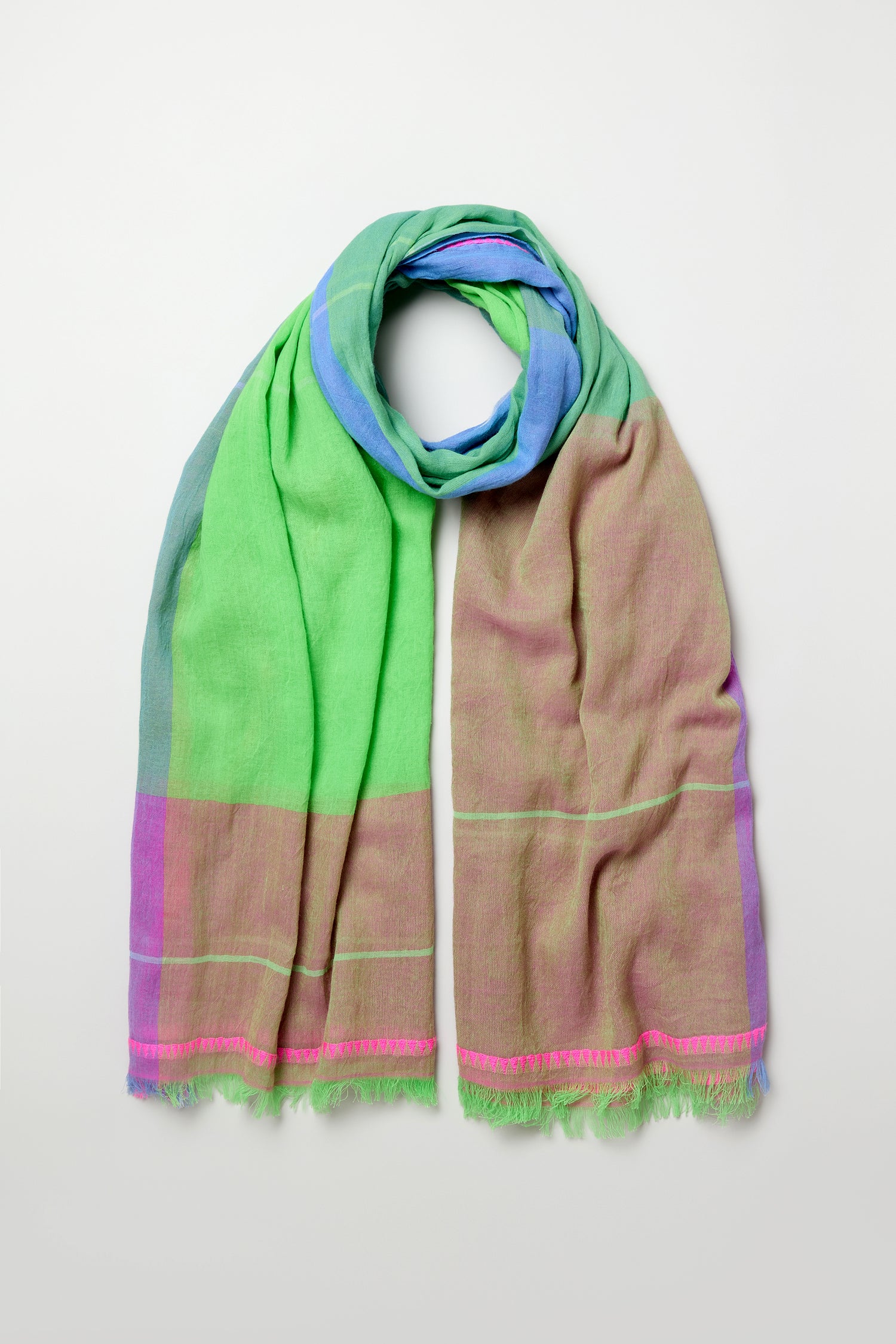 The Embroidered Colour Pop Check Cotton Scarf is a lightweight accessory with green, pink, and blue color blocks and frayed edges, displayed flat on a neutral background.
