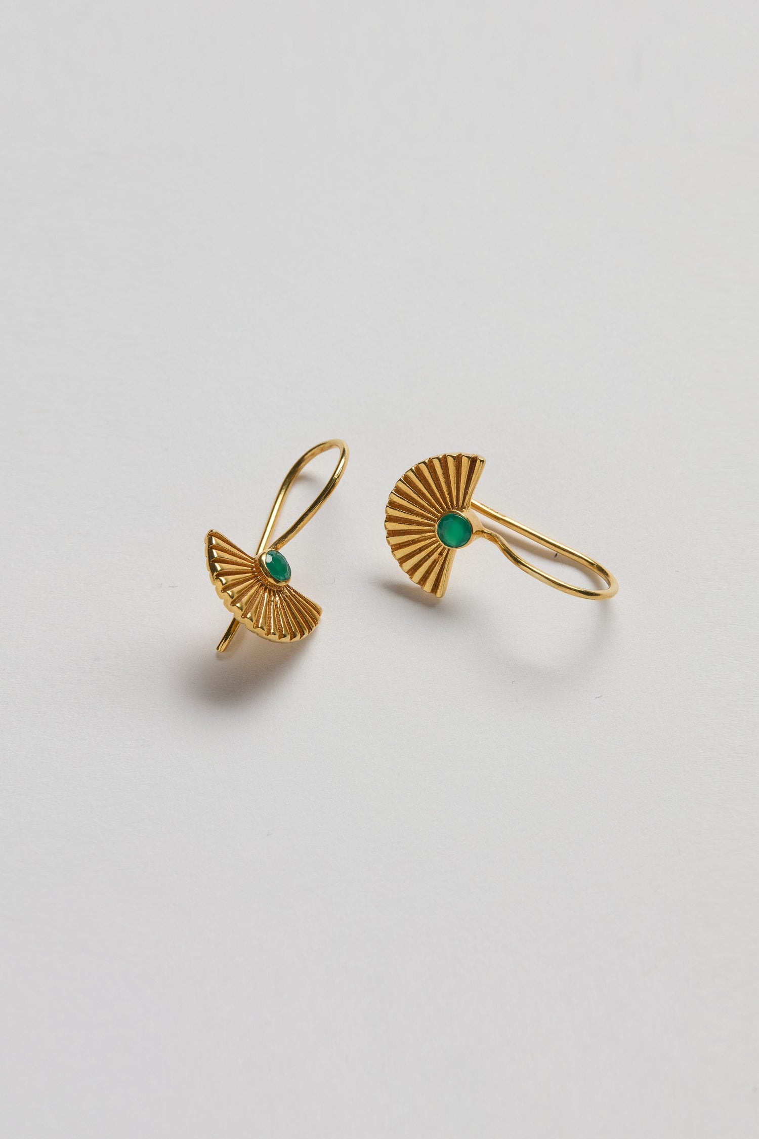 Gold Vermeil Onyx Fan Earrings, featuring a green onyx center and vintage-inspired fan shape, displayed on a plain white background.