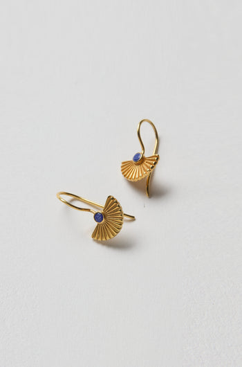 Gold Vermeil Lapis Fan Earrings: Art Deco-inspired with fan-shaped, ridged 18k gold vermeil pendants and small lapis gemstones, shown on a white surface.