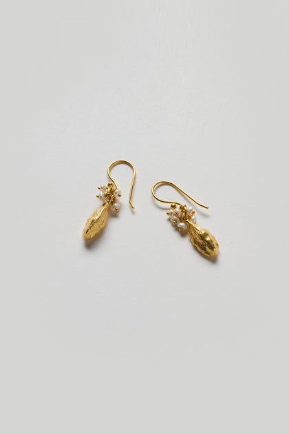 Gold Vermeil Pearl Drop Earrings featuring small white beads, inspired by cardamom pods, displayed on a plain white background.