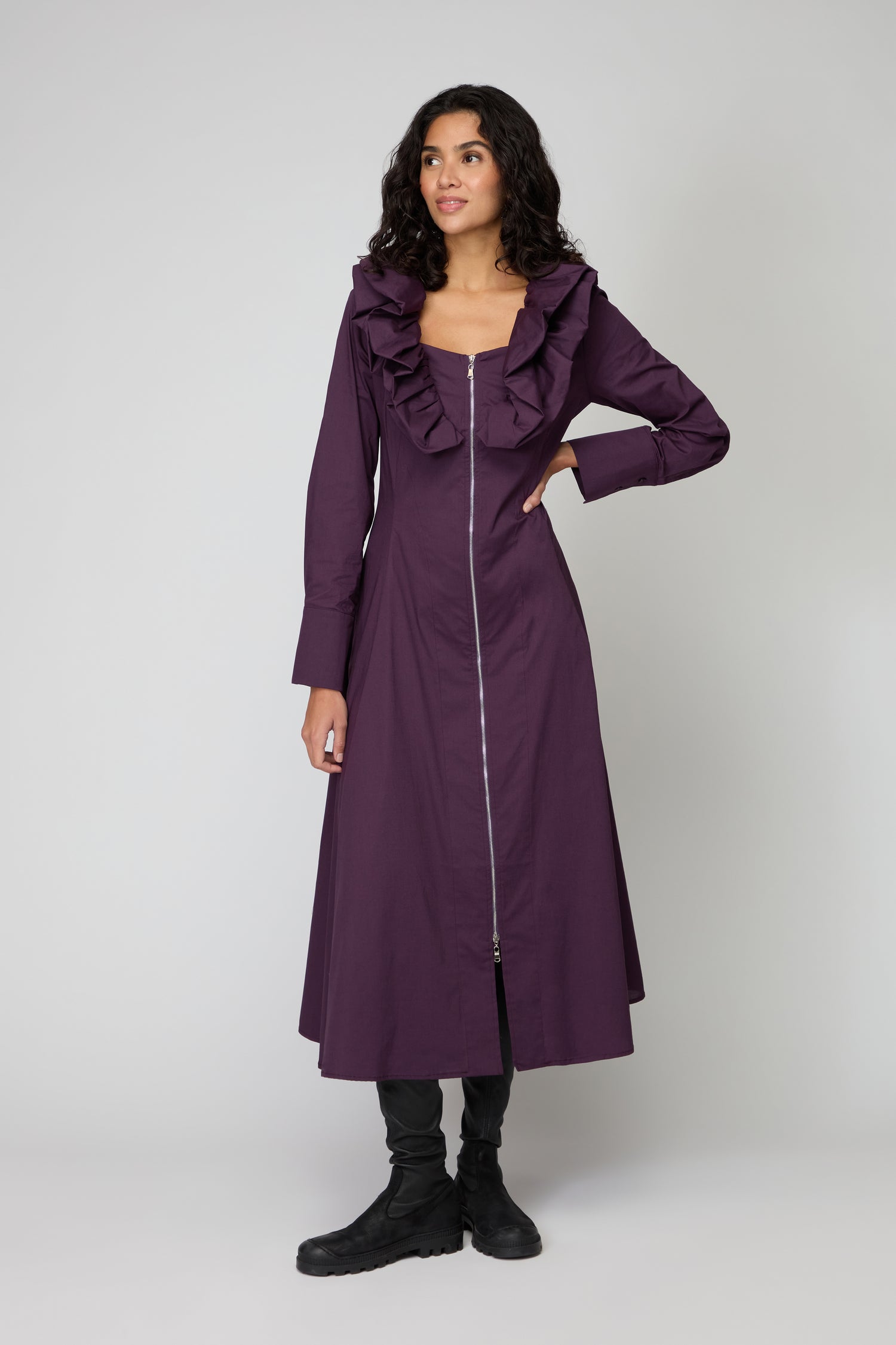 Aubergine Frill Neck Zip Dress