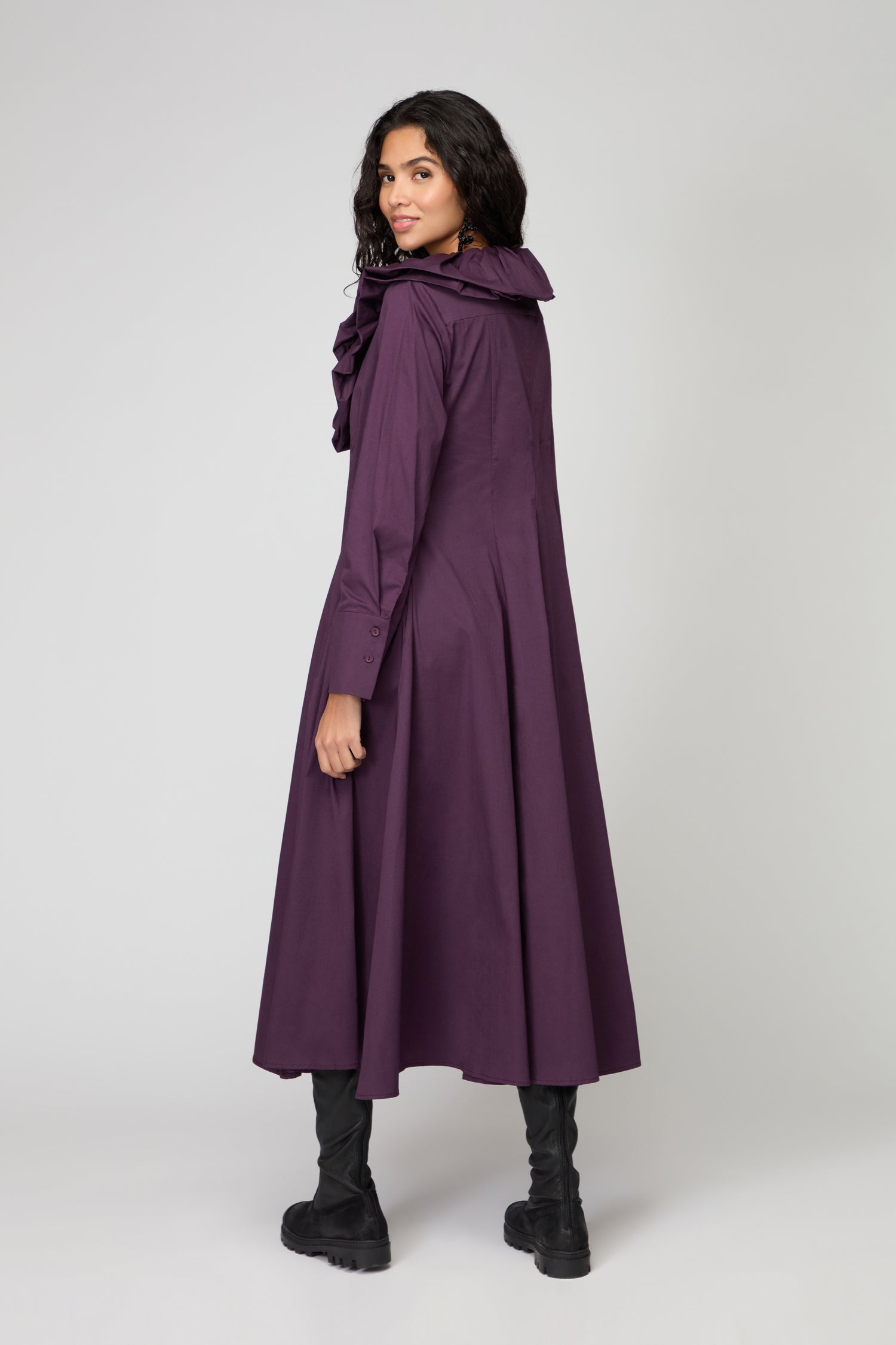 Aubergine Frill Neck Zip Dress
