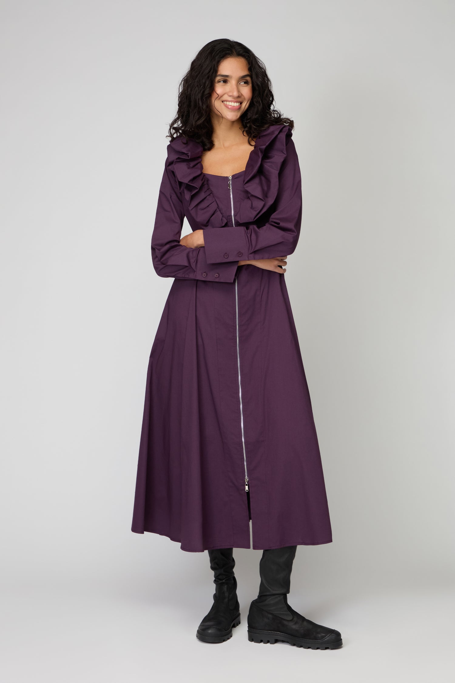 Aubergine Frill Neck Zip Dress