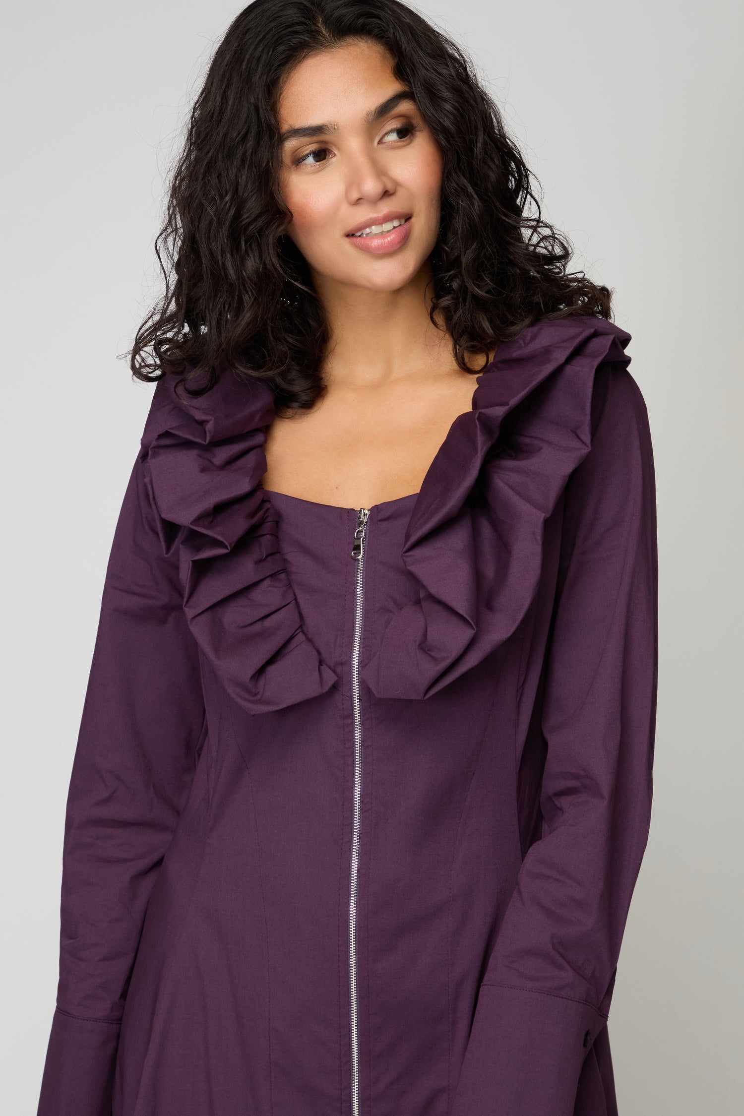Aubergine Frill Neck Zip Dress