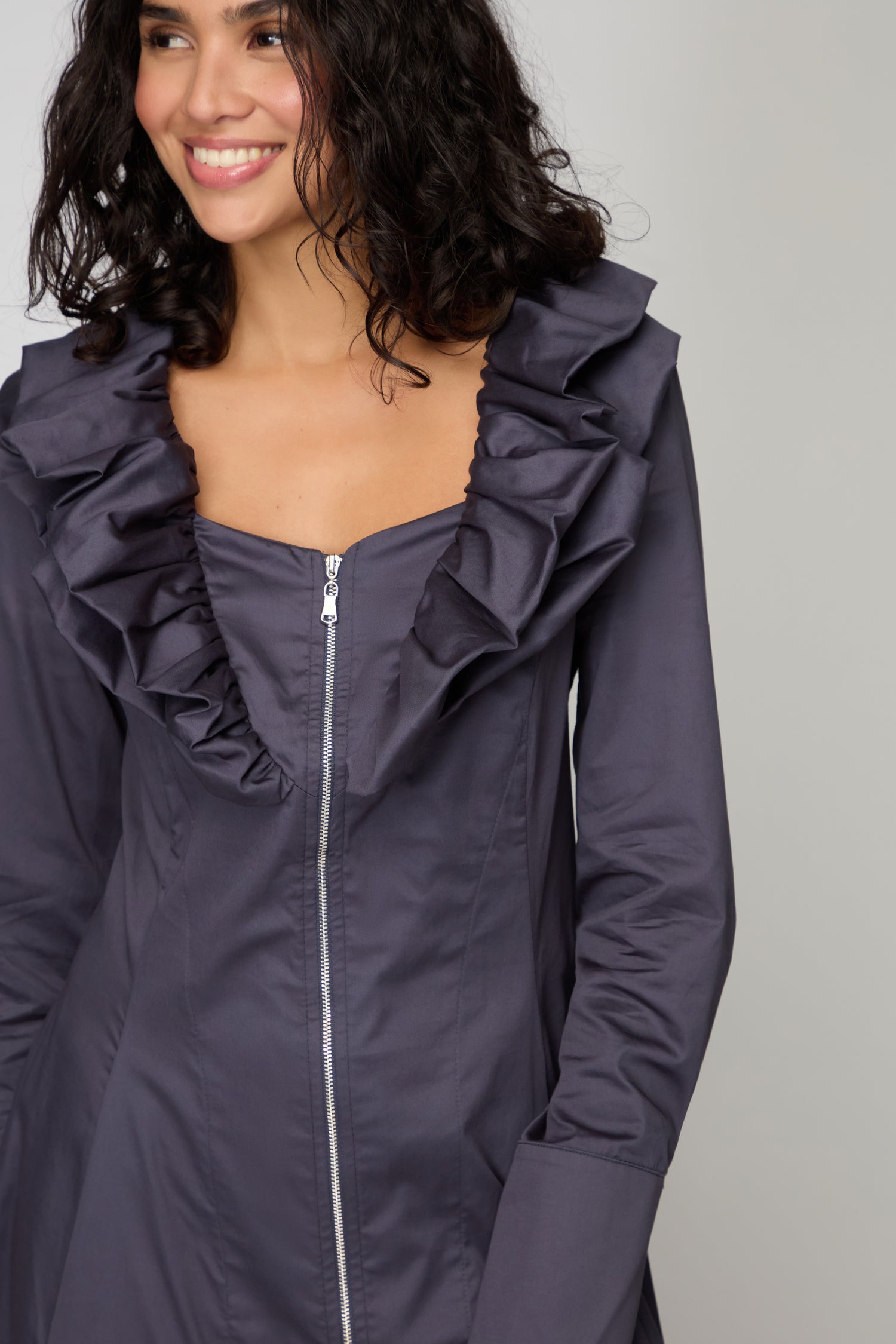 Navy Frill Neck Zip Dress