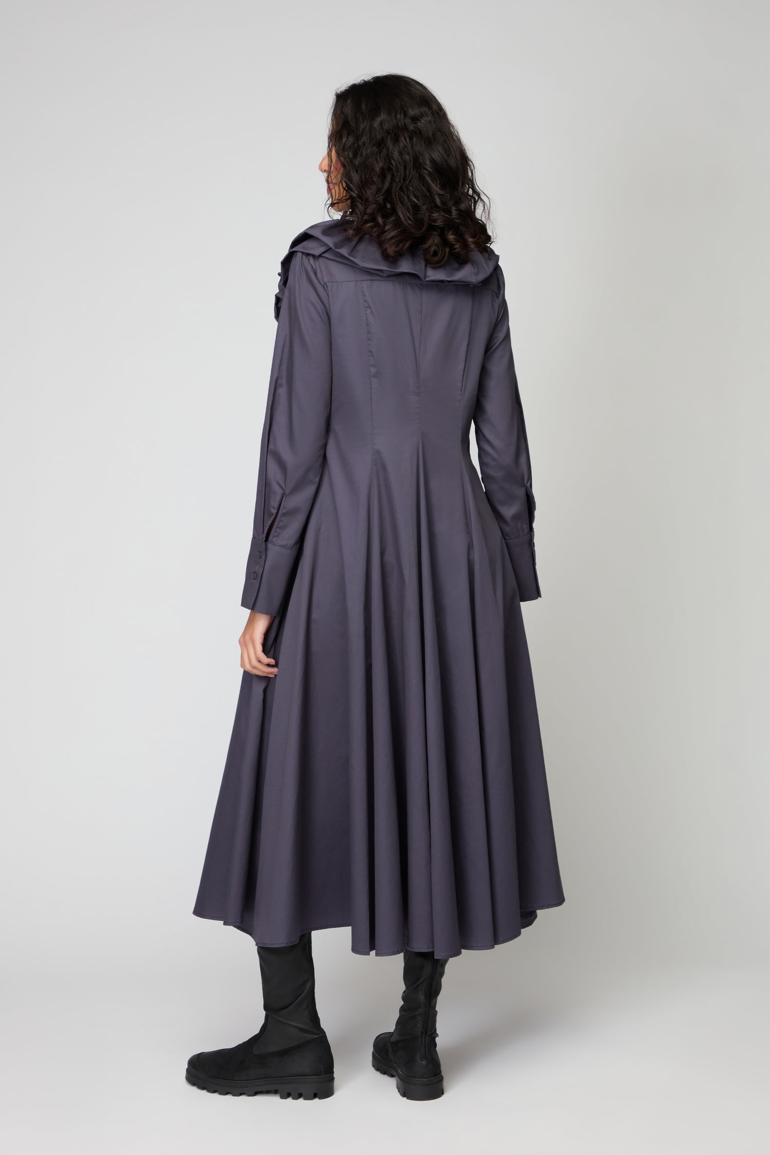 Navy Frill Neck Zip Dress