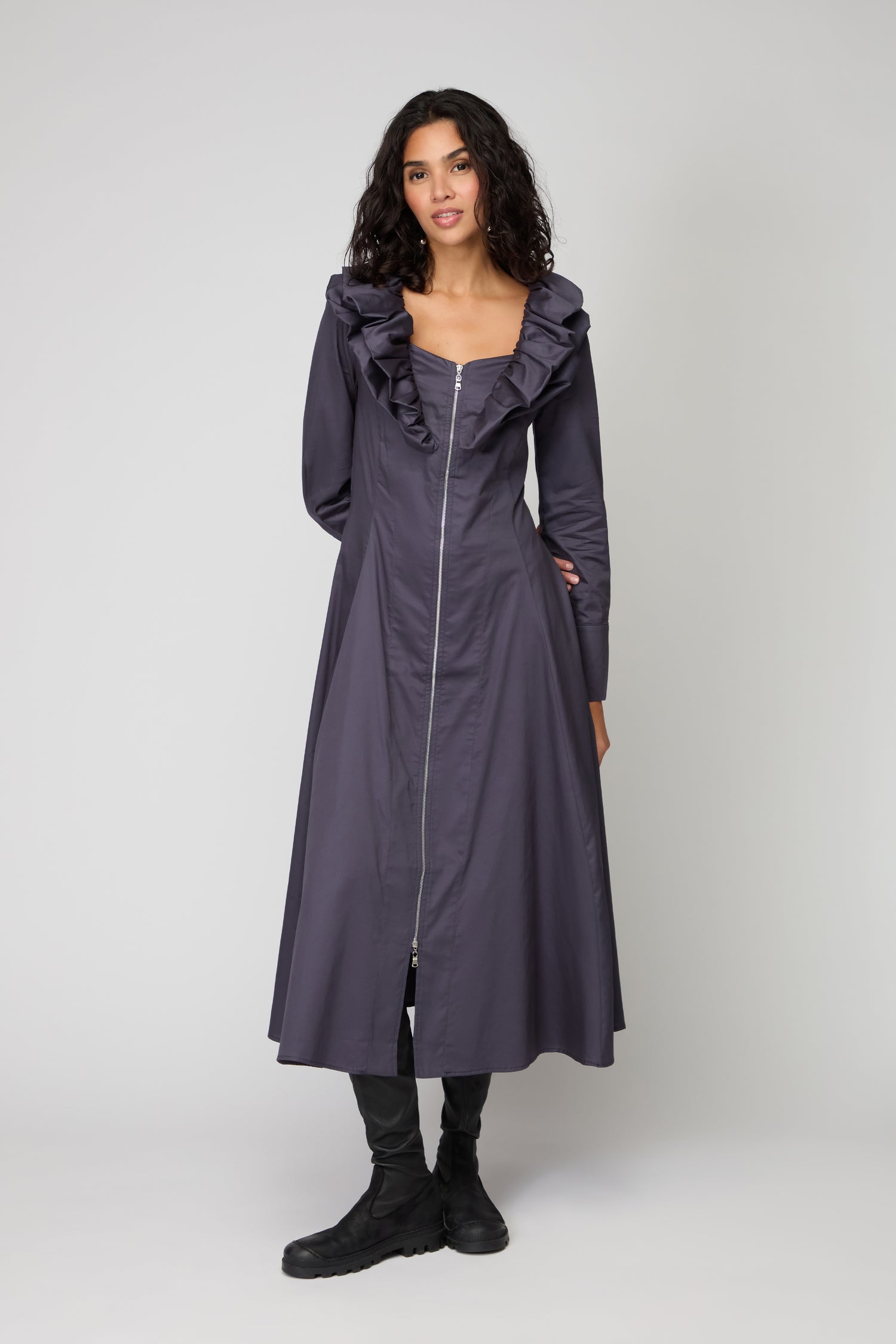 Navy Frill Neck Zip Dress