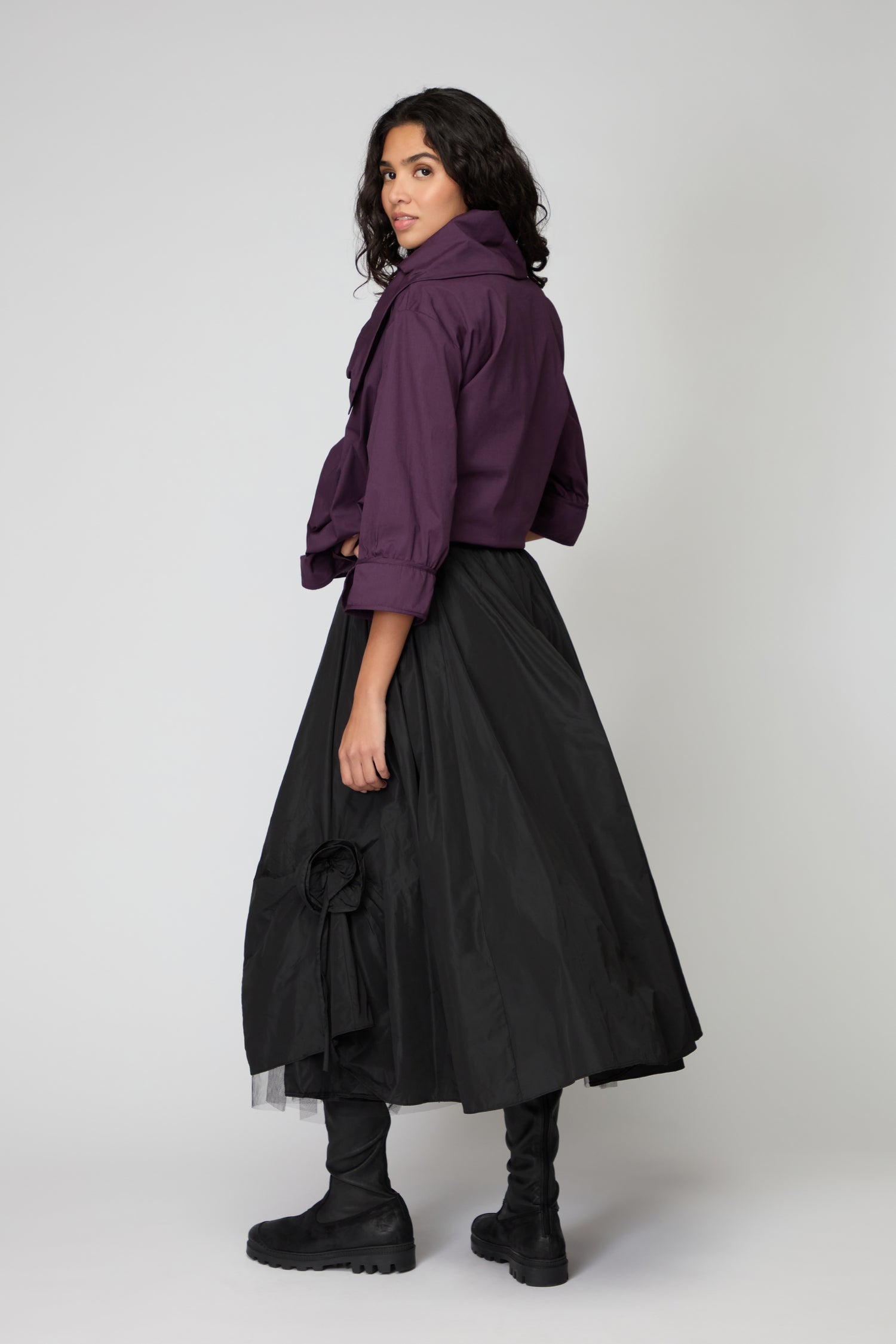 Black Flower Detail Taffetta Skirt