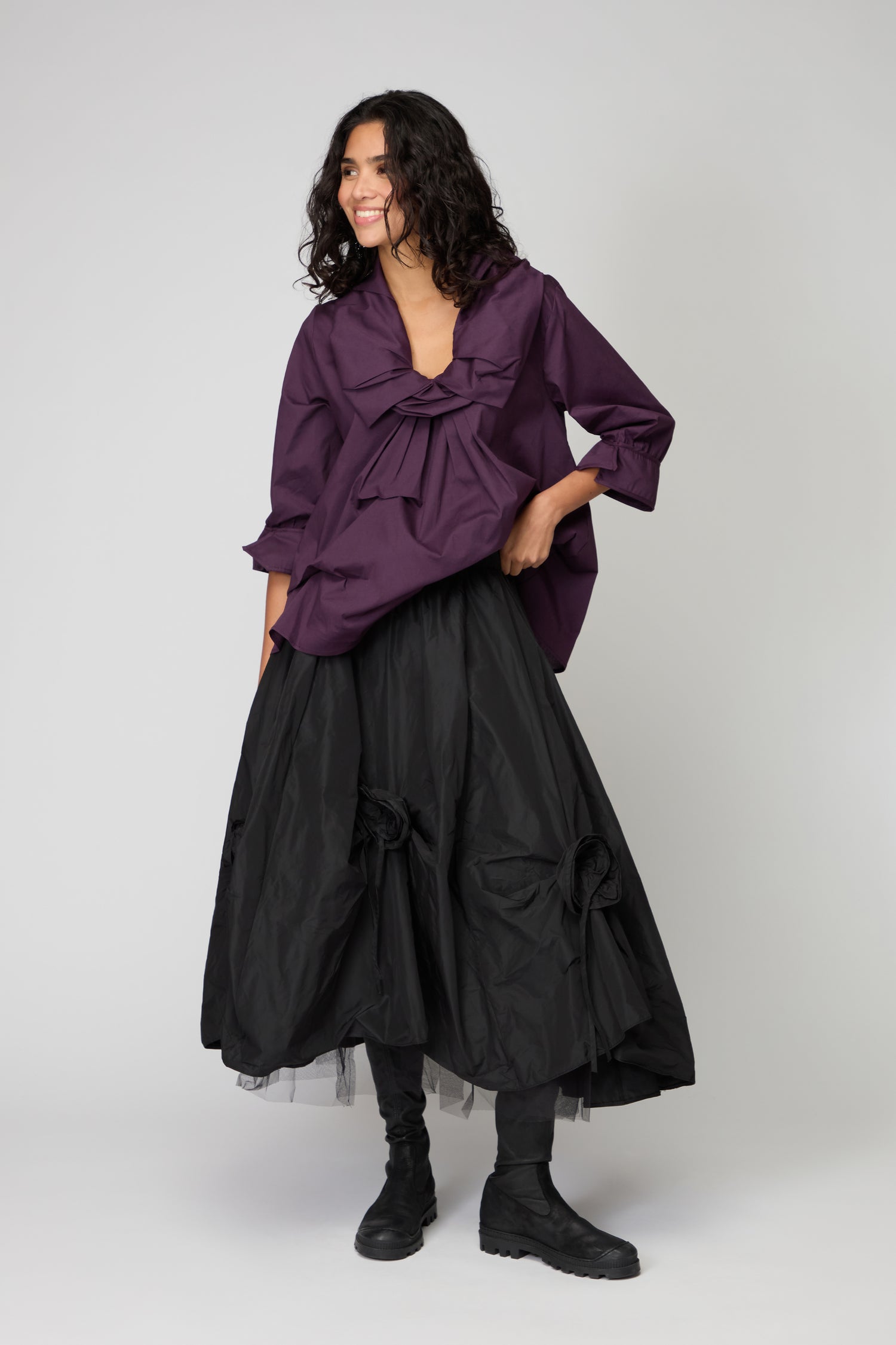 Black Flower Detail Taffetta Skirt