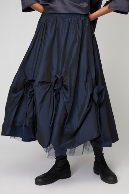 Navy Flower Detail Taffetta Skirt