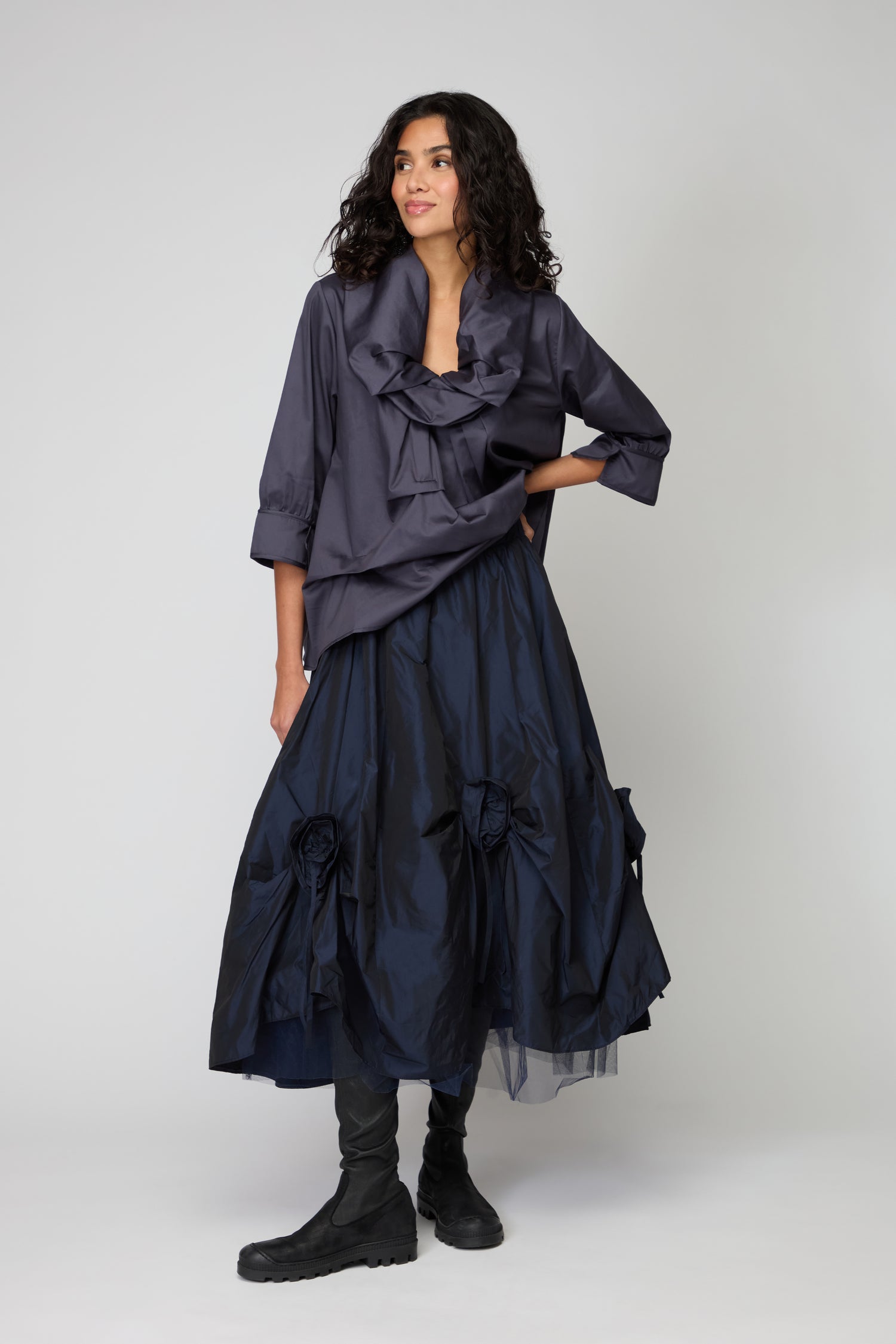 Navy Flower Detail Taffetta Skirt