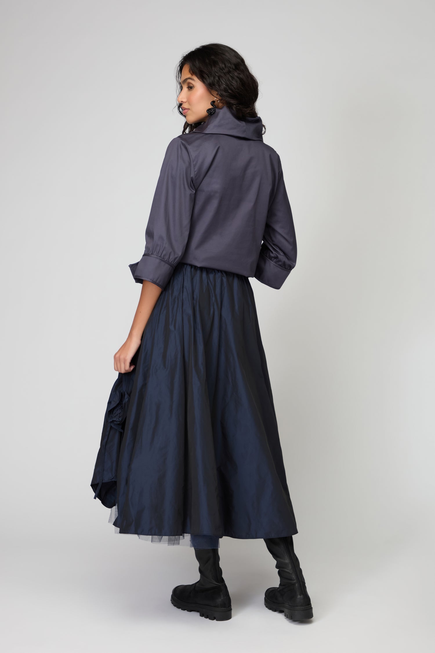 Navy Flower Detail Taffetta Skirt