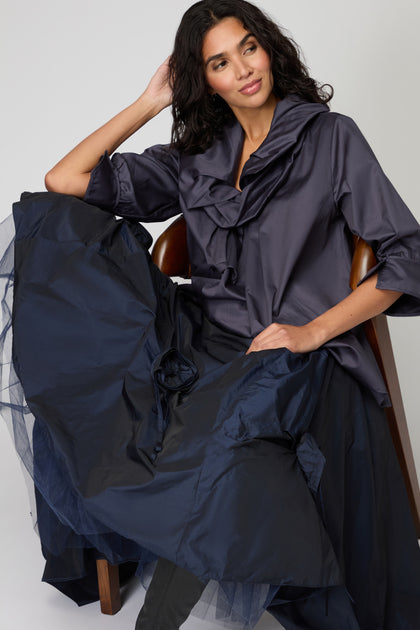 Navy Flower Detail Taffetta Skirt