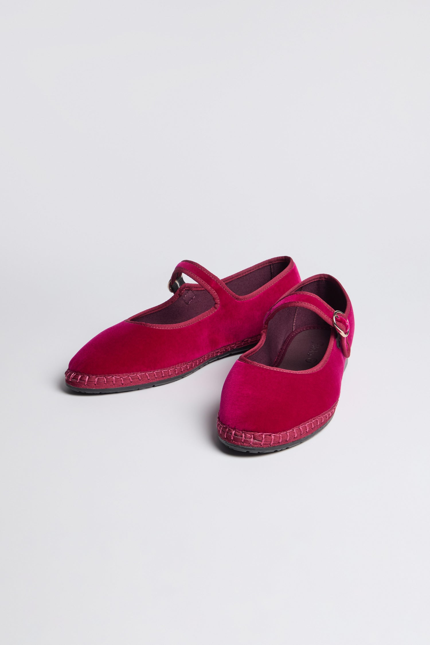 Fuchsia Mary Jane Velvet Shoes with a strap and buckle, visible sole stitching, and vintage charm are shown on a plain white background.