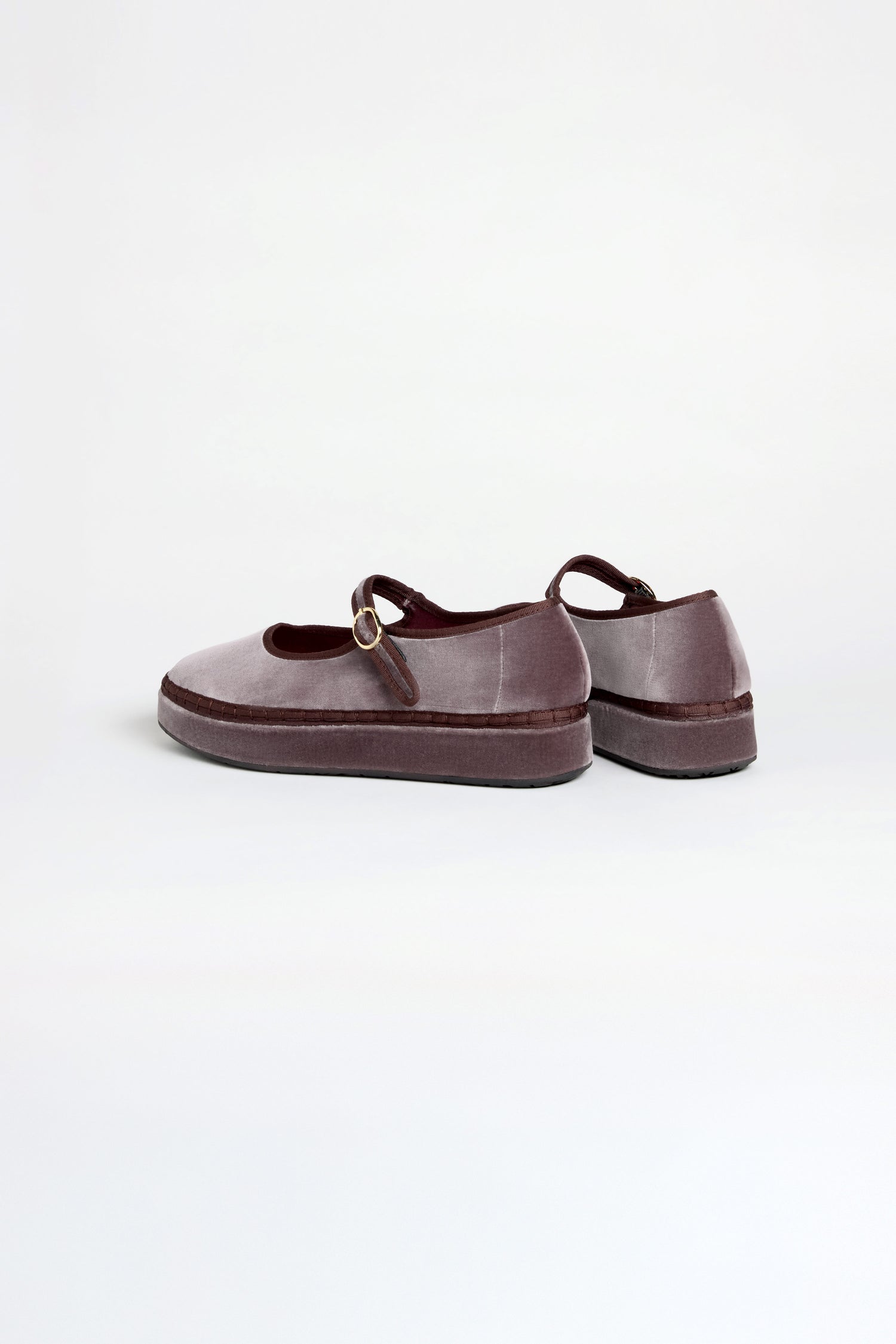 A pair of Taupe Velvet Platform Mary Jane Shoes with buckle straps and a soft cotton velvet upper, handmade in Spain, displayed on a plain white background.