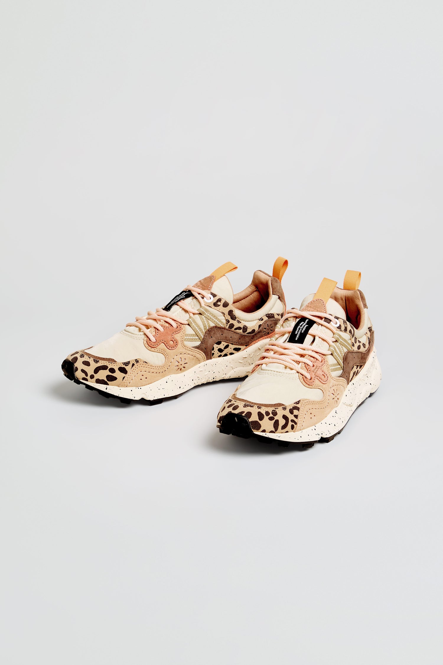 A pair of Flower Mountain Yamano 3 Cheetah Detail Trainers in beige and tan suede, featuring cheetah print accents, light pink laces, and black outsoles, displayed against a plain white background.