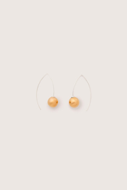 A pair of Handmade Ceramic Mirror Earrings, each adorned with an oval-shaped gold bead and set against a plain light background. These modern design pieces feature 925 sterling silver hooks for added elegance.