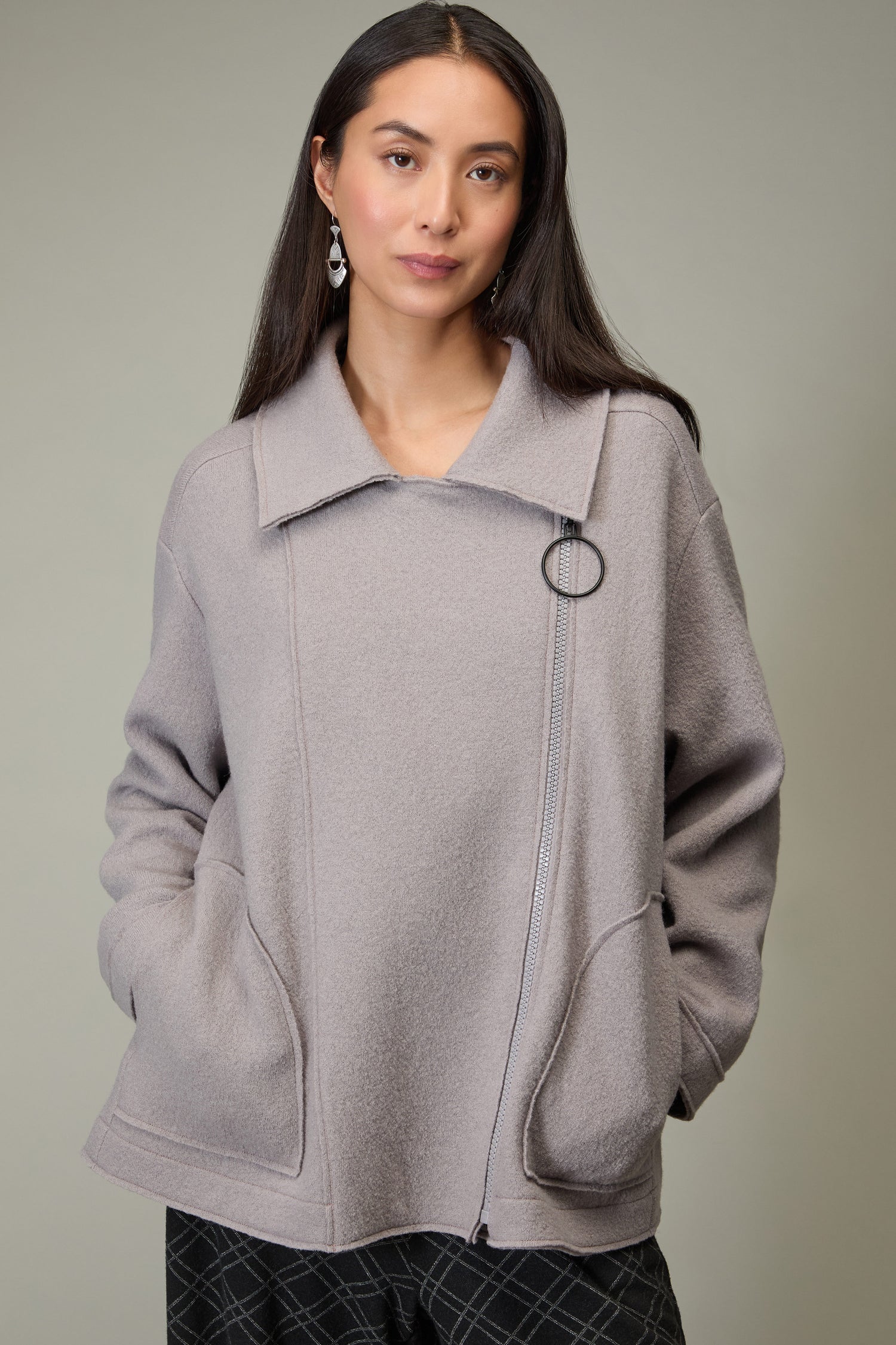 Boiled Wool Zip Mushroom Boxy Jacket