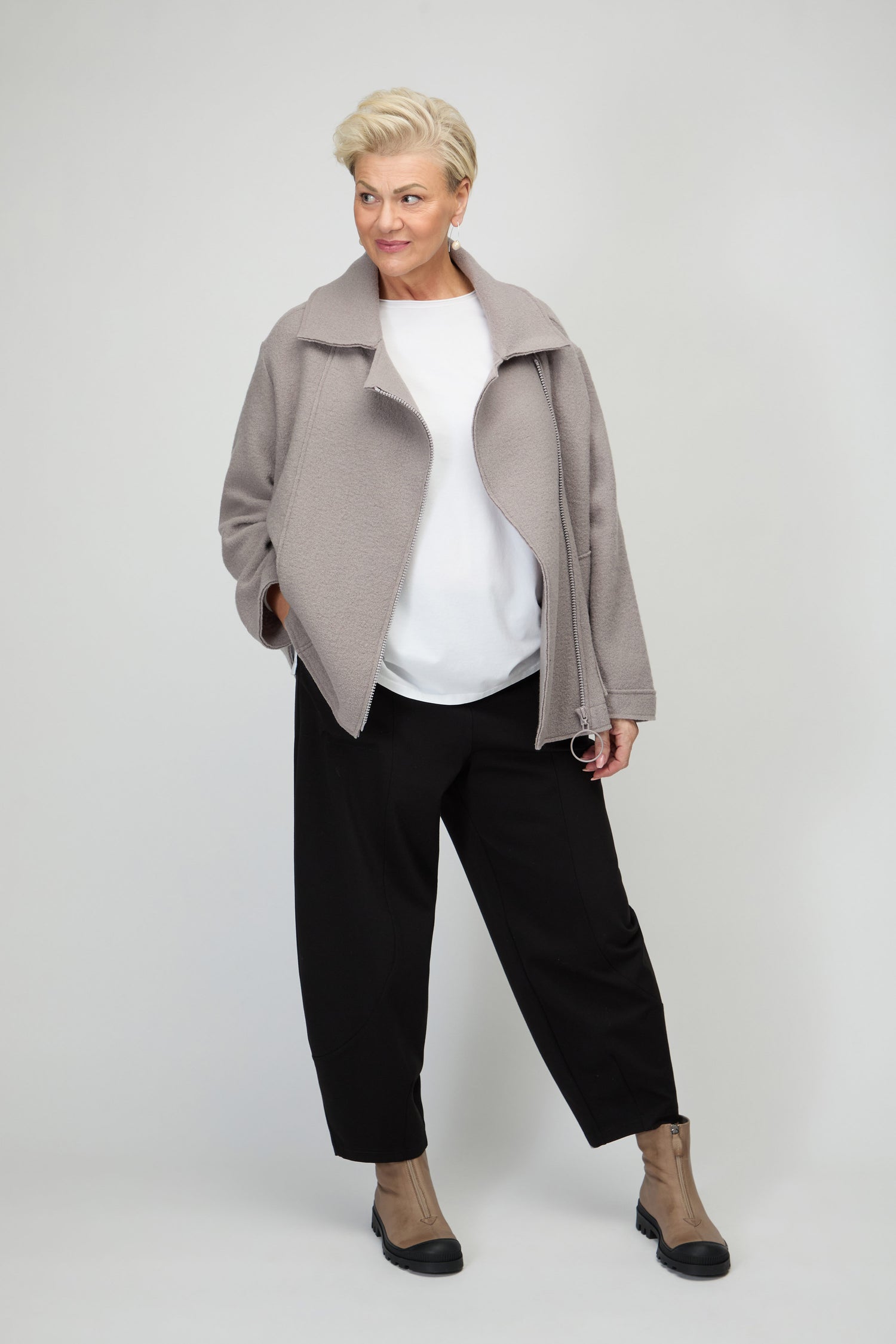 Boiled Wool Zip Mushroom Boxy Jacket