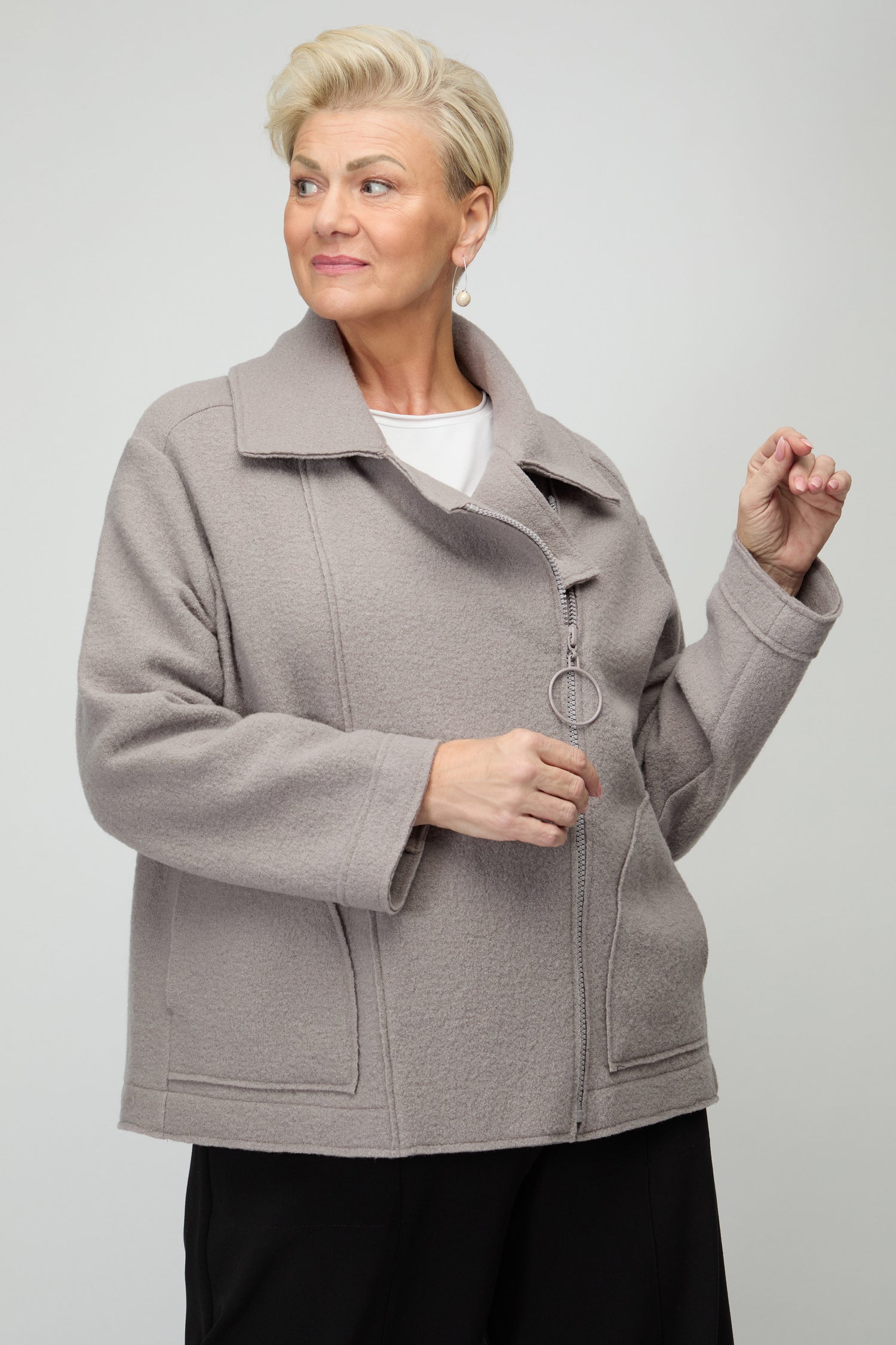 Boiled Wool Zip Mushroom Boxy Jacket