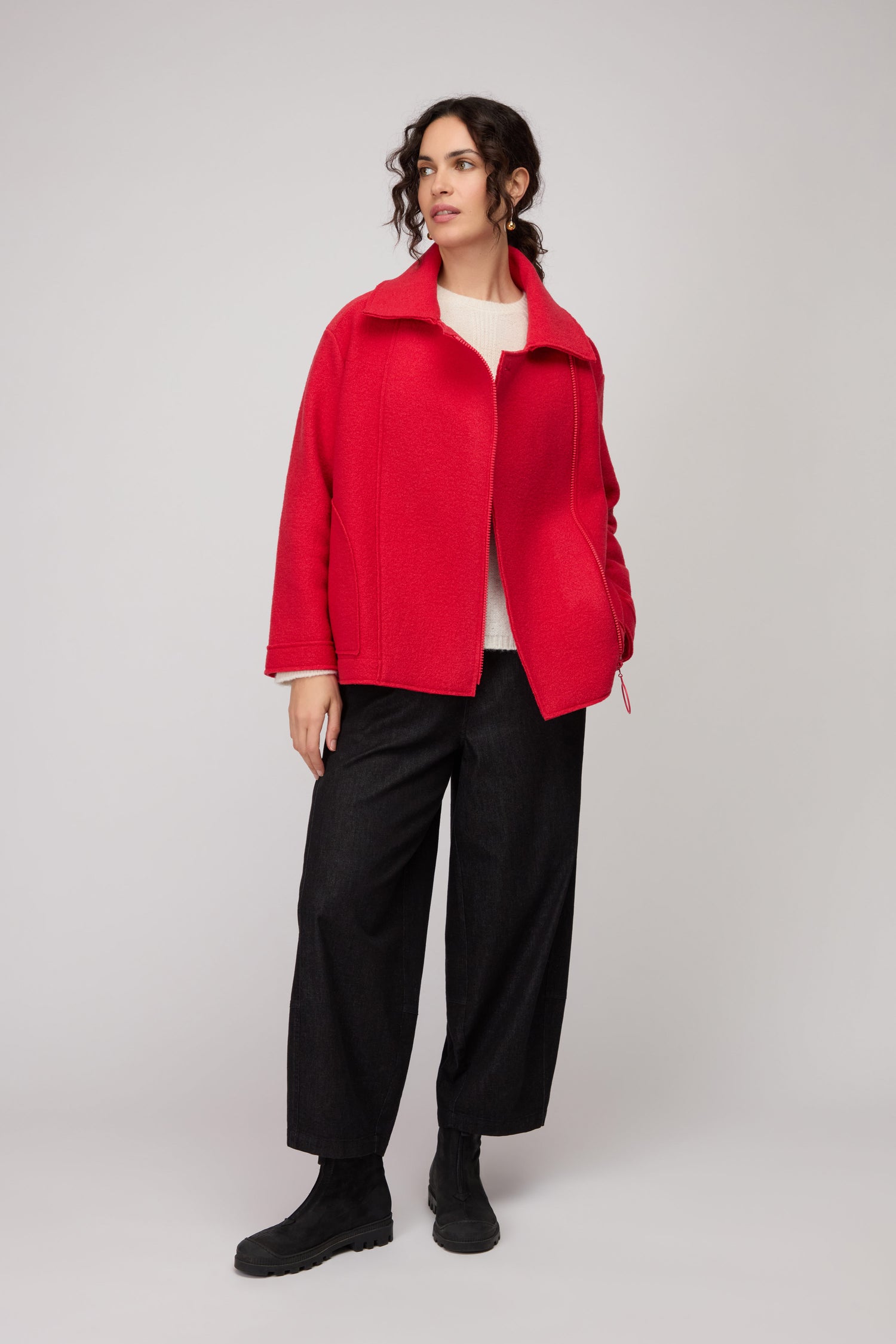 Boiled Wool Zip Tomato Boxy Jacket