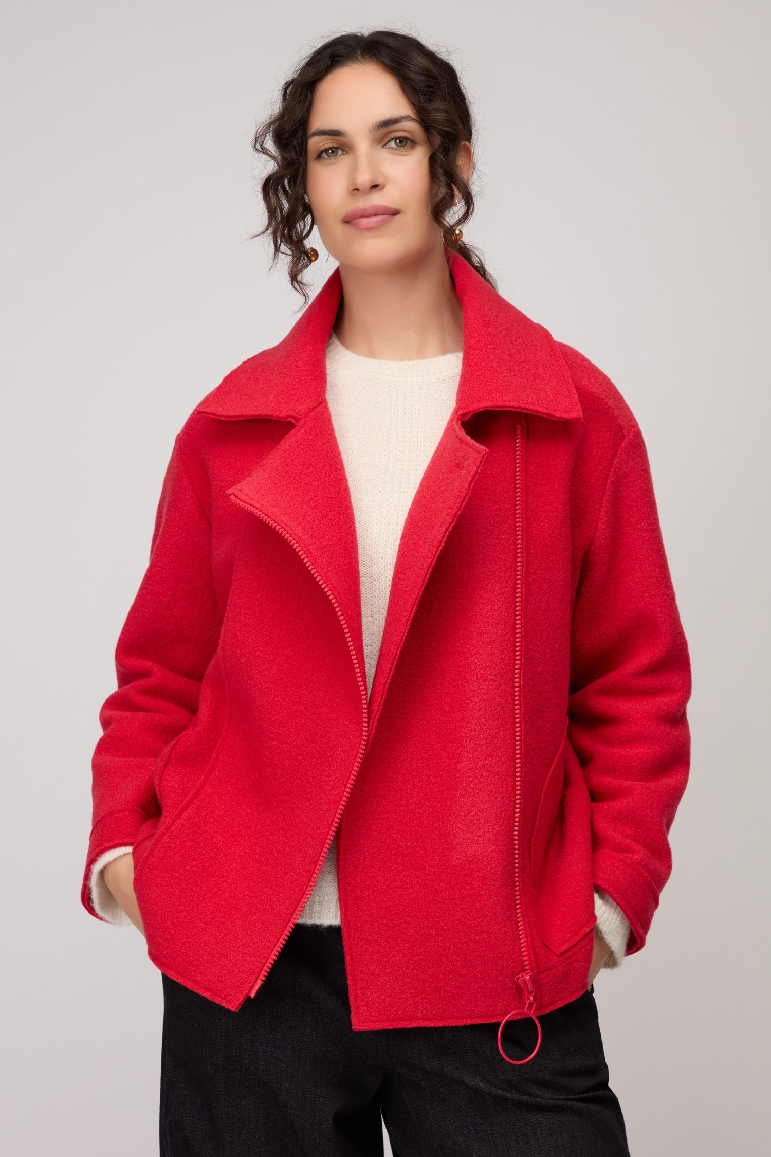 Boiled Wool Zip Tomato Boxy Jacket
