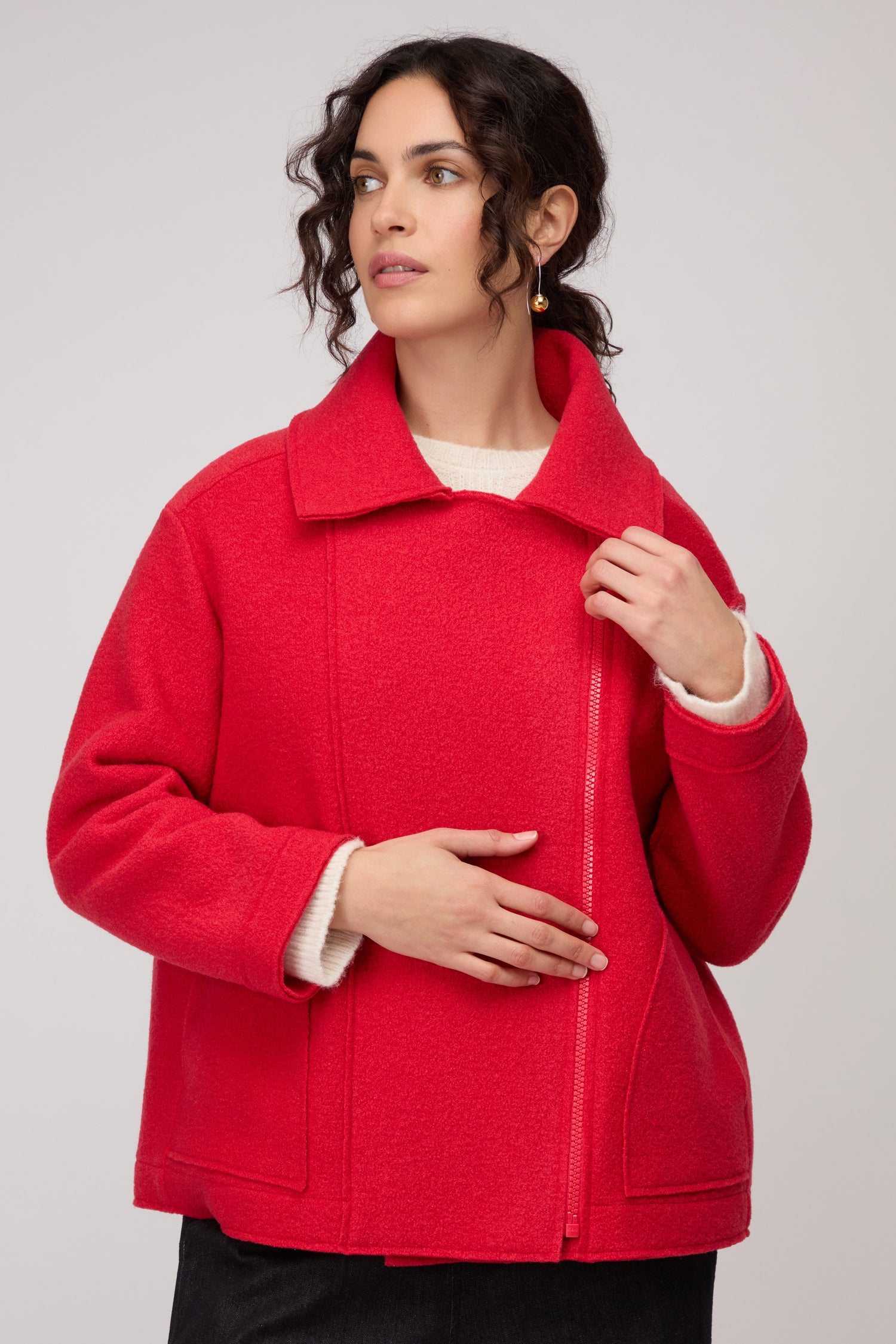 Boiled Wool Zip Tomato Boxy Jacket