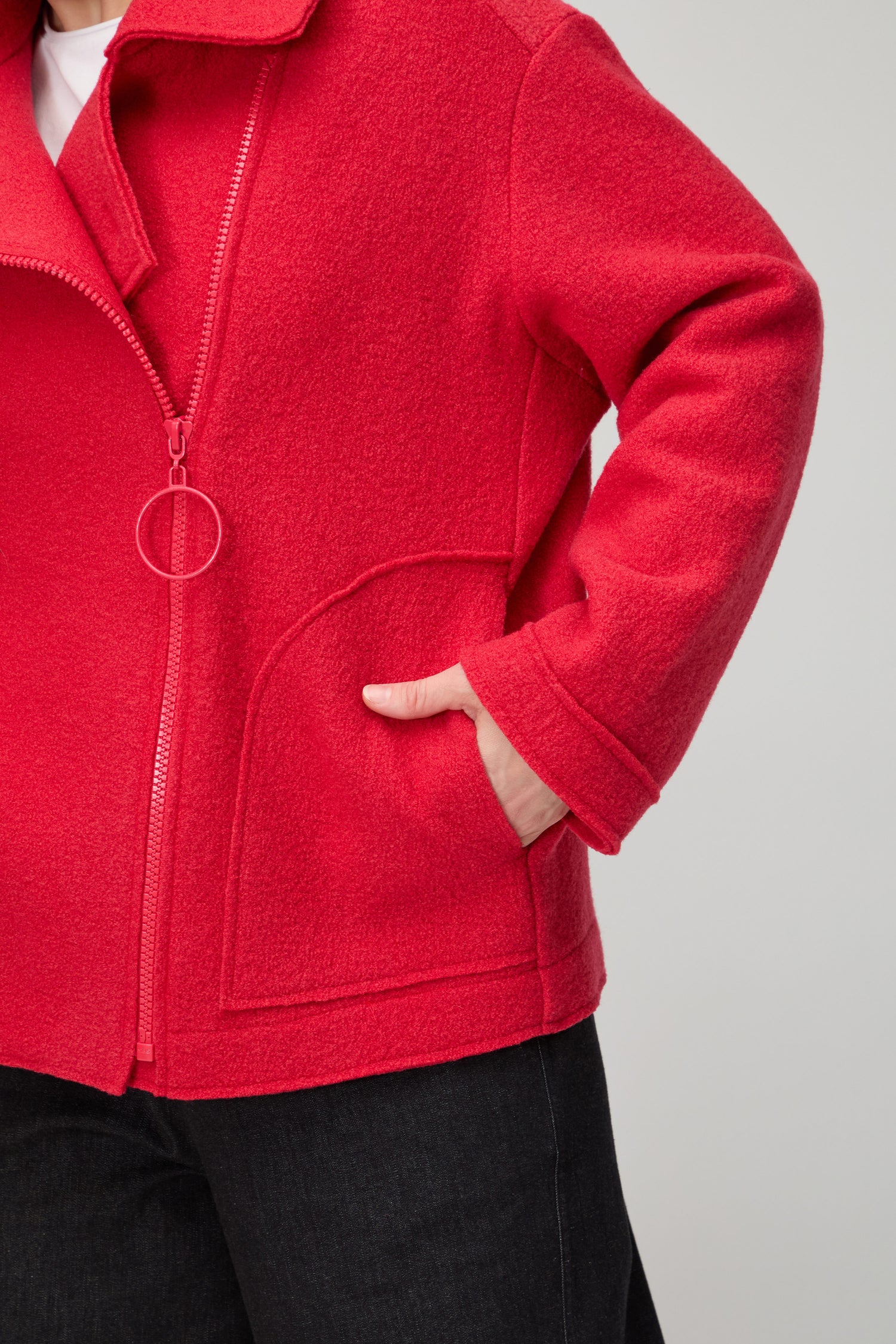 Boiled Wool Zip Tomato Boxy Jacket
