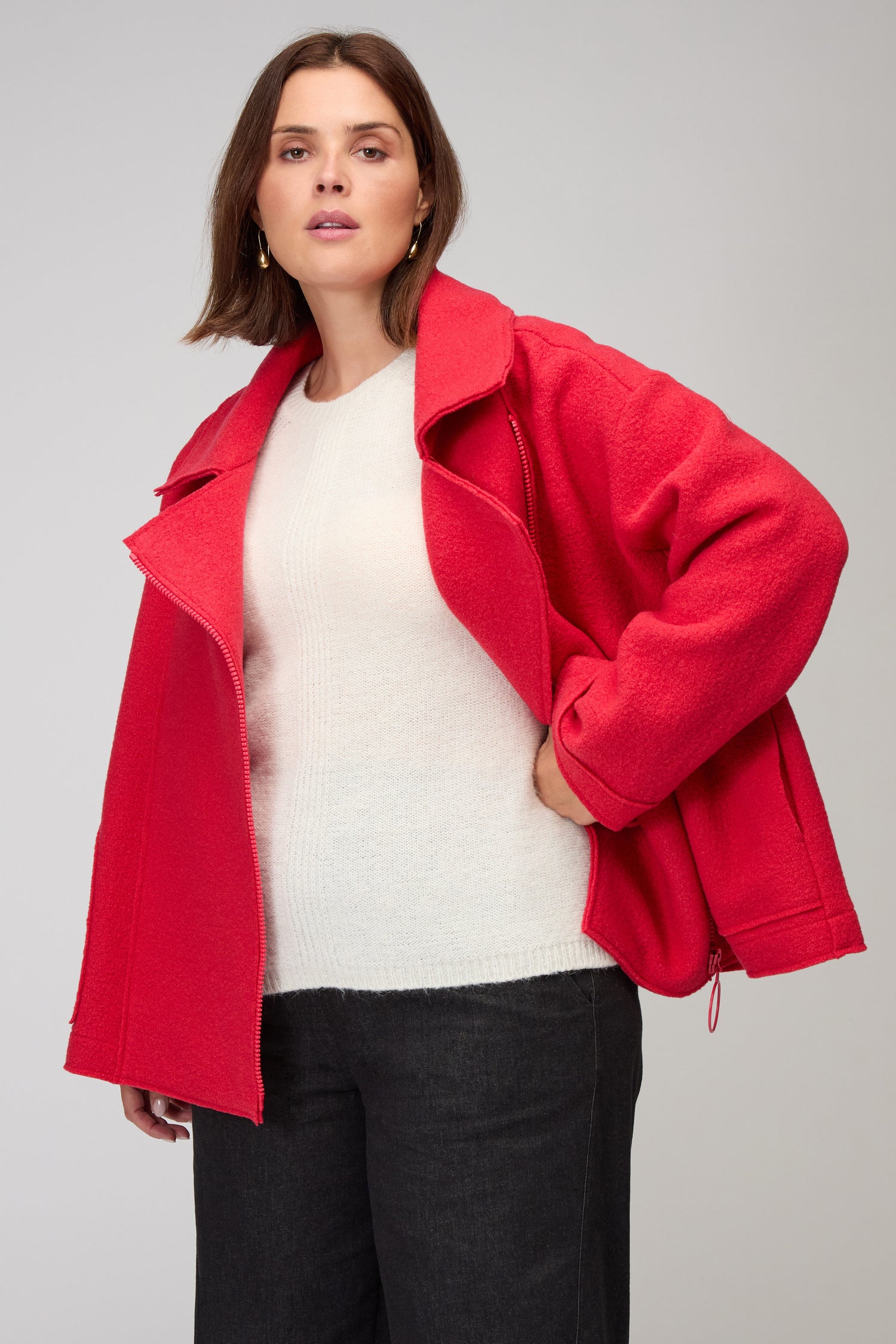Boiled Wool Zip Tomato Boxy Jacket