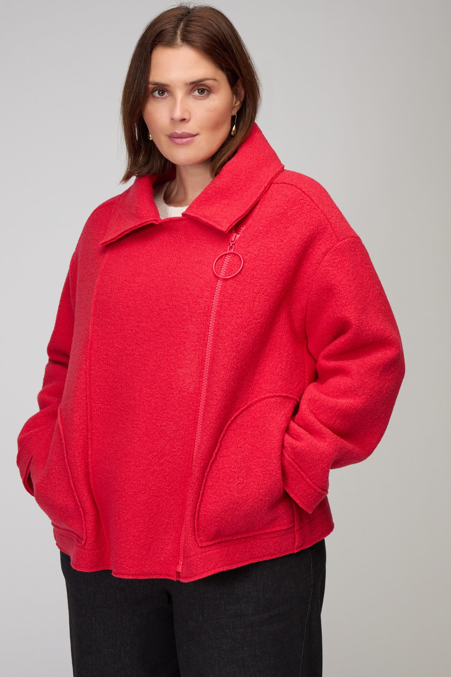 Boiled Wool Zip Tomato Boxy Jacket