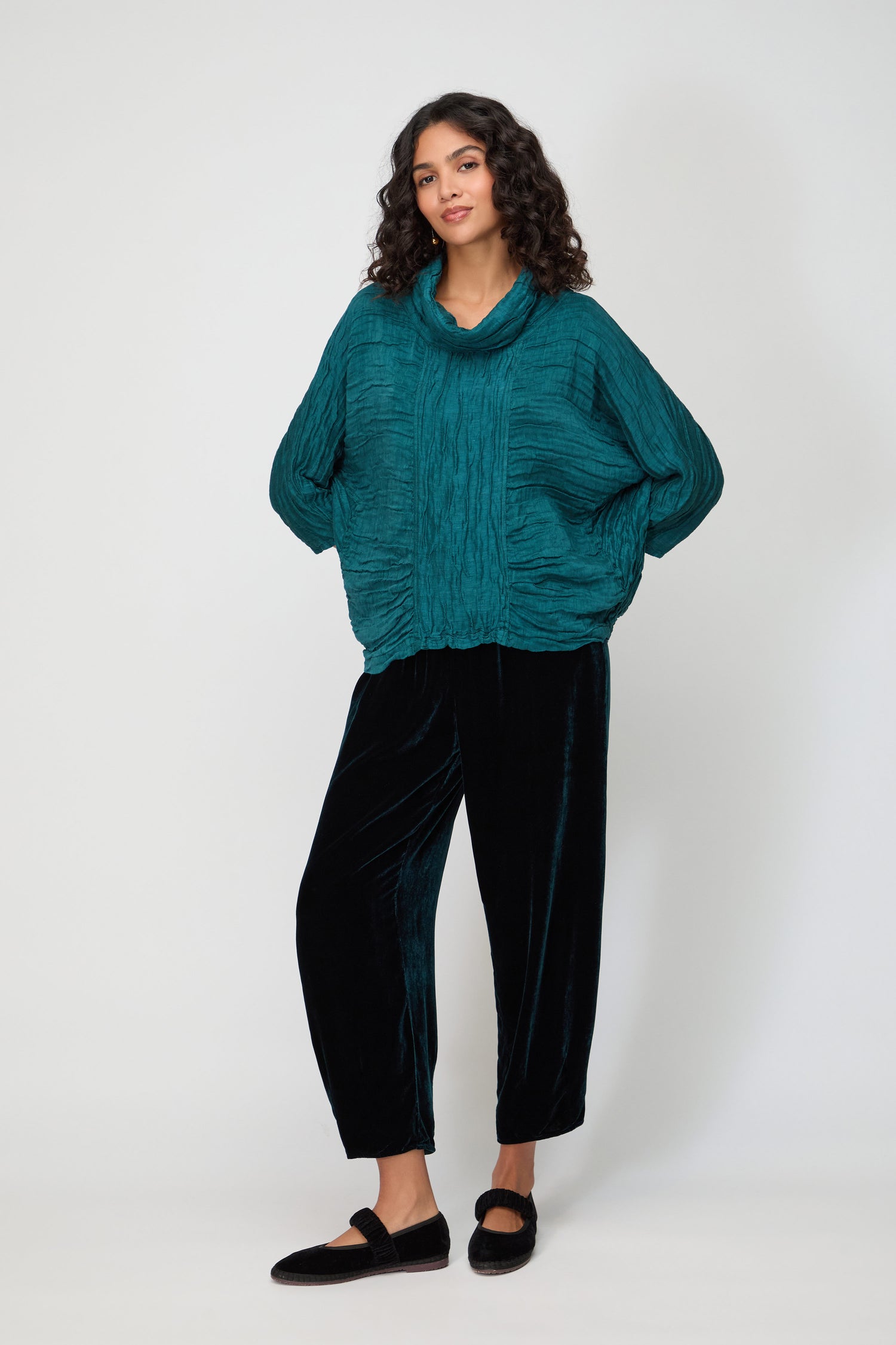 Cowl Neck Silk Linen Peacock Top
