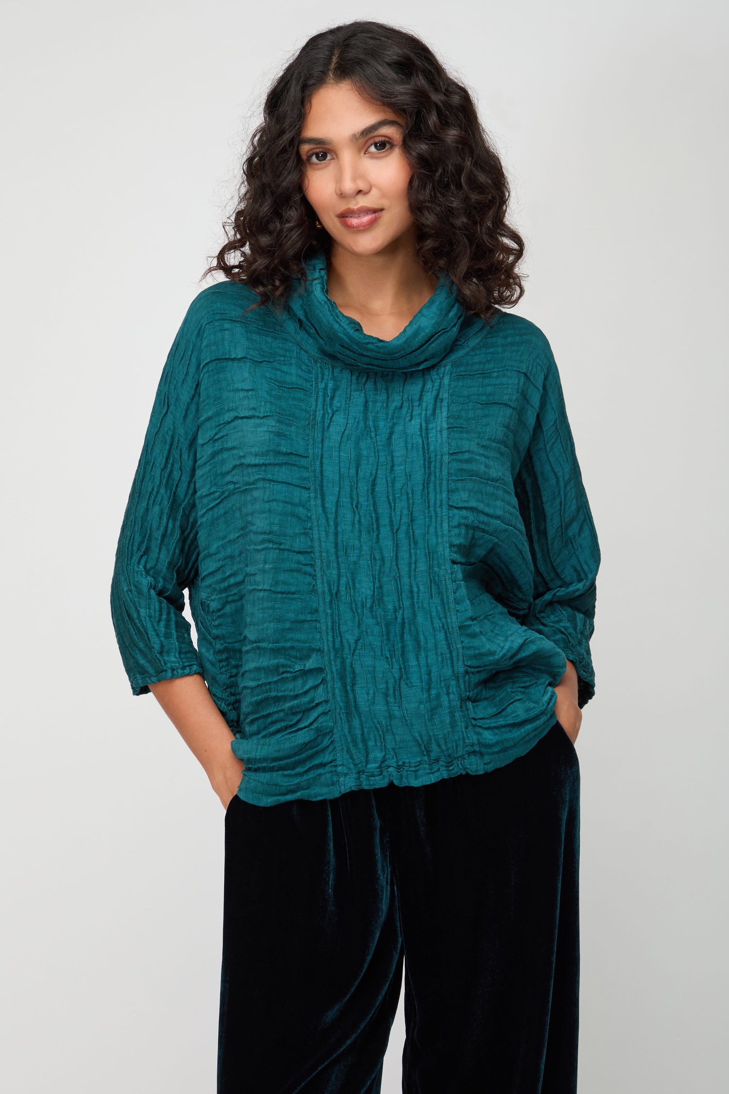 Cowl Neck Silk Linen Peacock Top