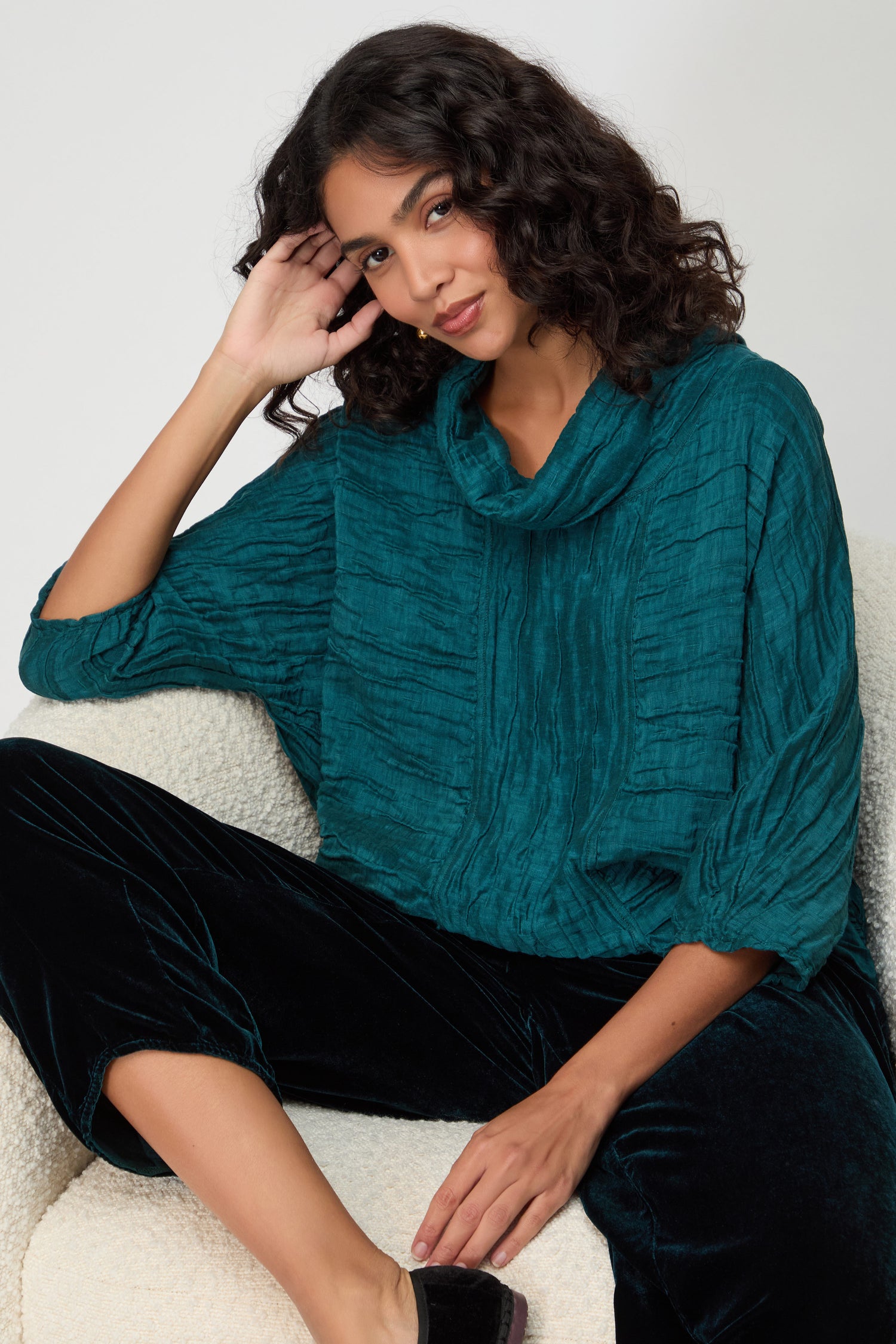 Cowl Neck Silk Linen Peacock Top