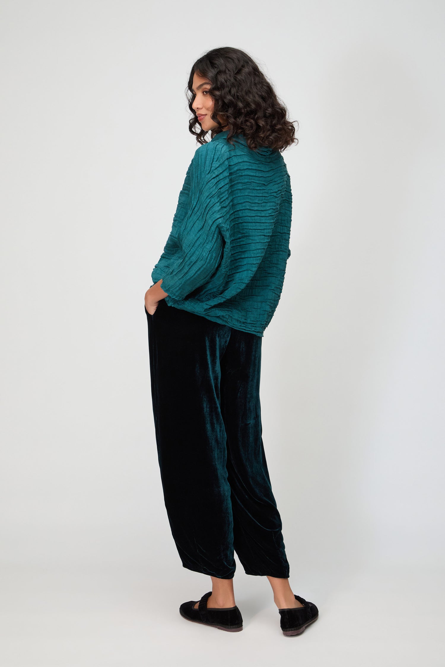 Cowl Neck Silk Linen Peacock Top