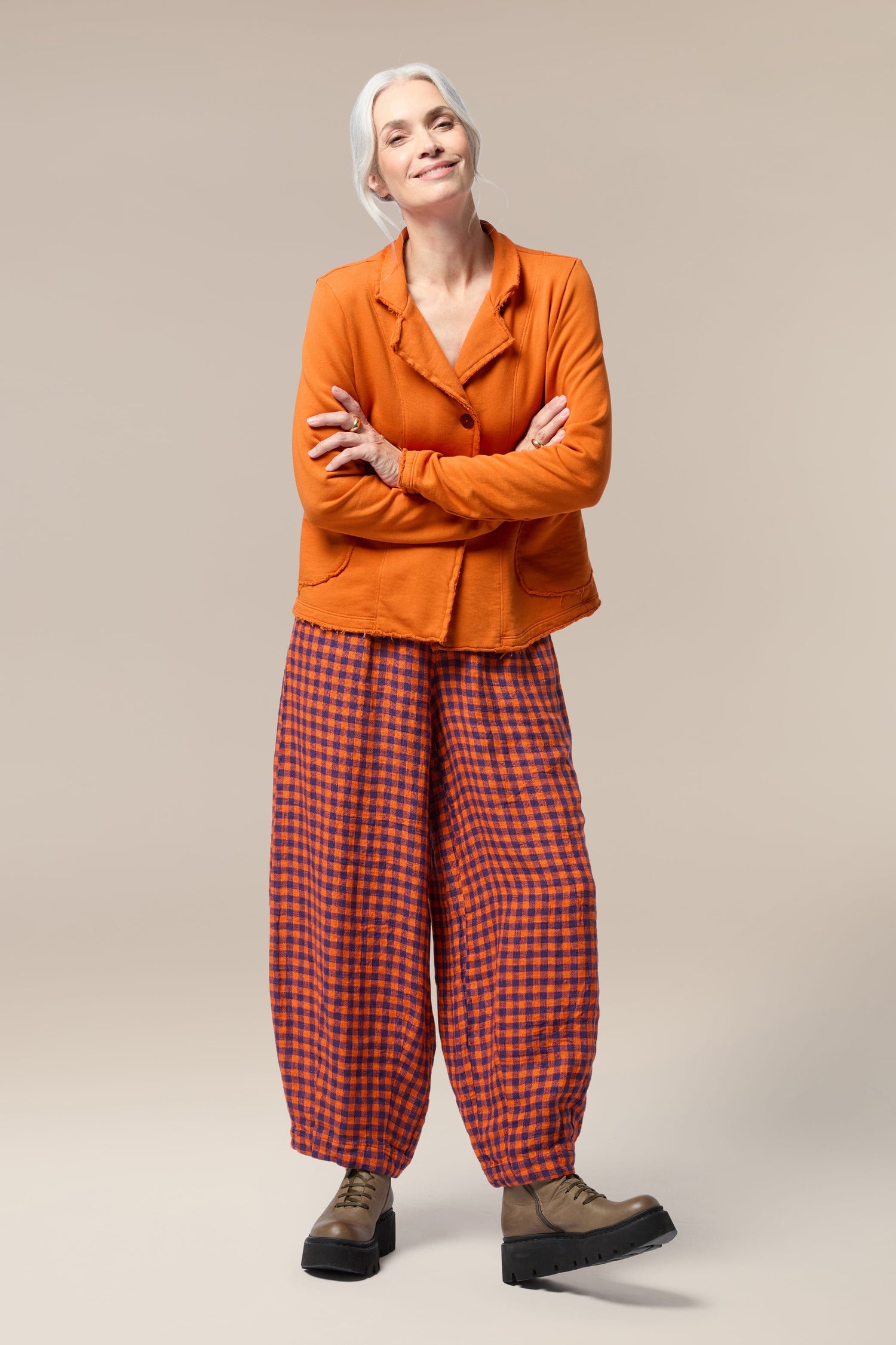 A woman wearing a Collar Jacket in her summer wardrobe.