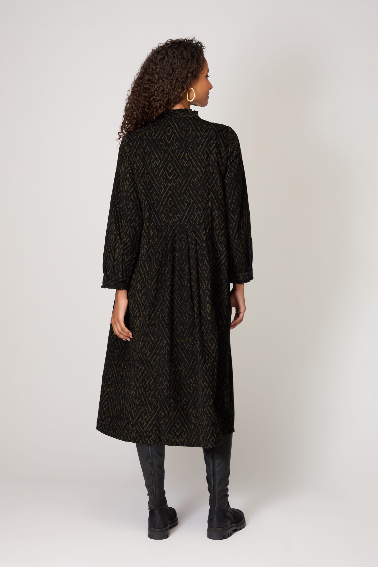 Ornate Textured Black and Khaki Cord Dress