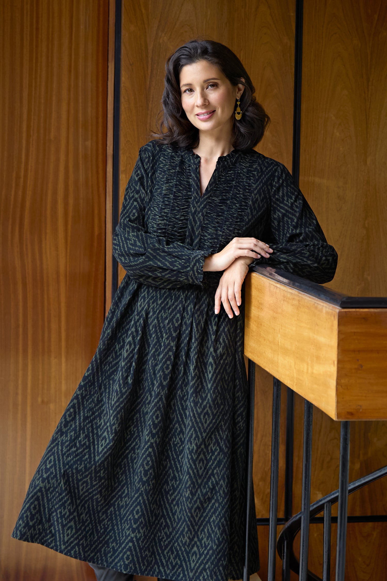 Ornate Textured Black and Khaki Cord Dress