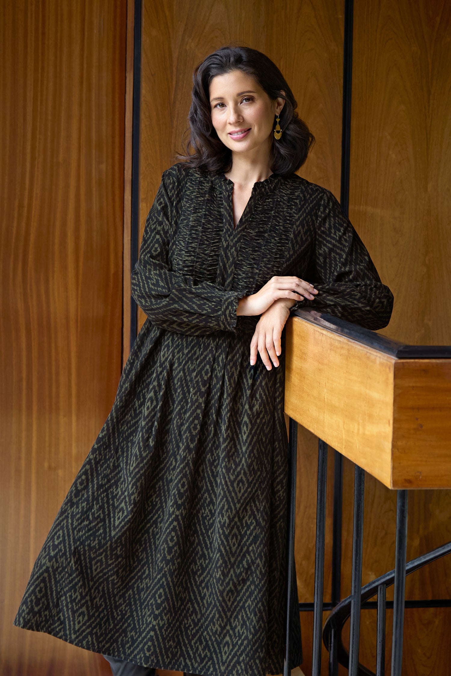 Ornate Textured Black and Khaki Cord Dress