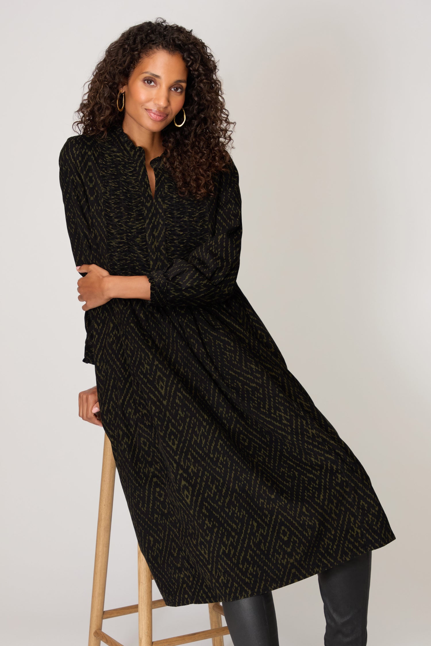 Ornate Textured Black and Khaki Cord Dress