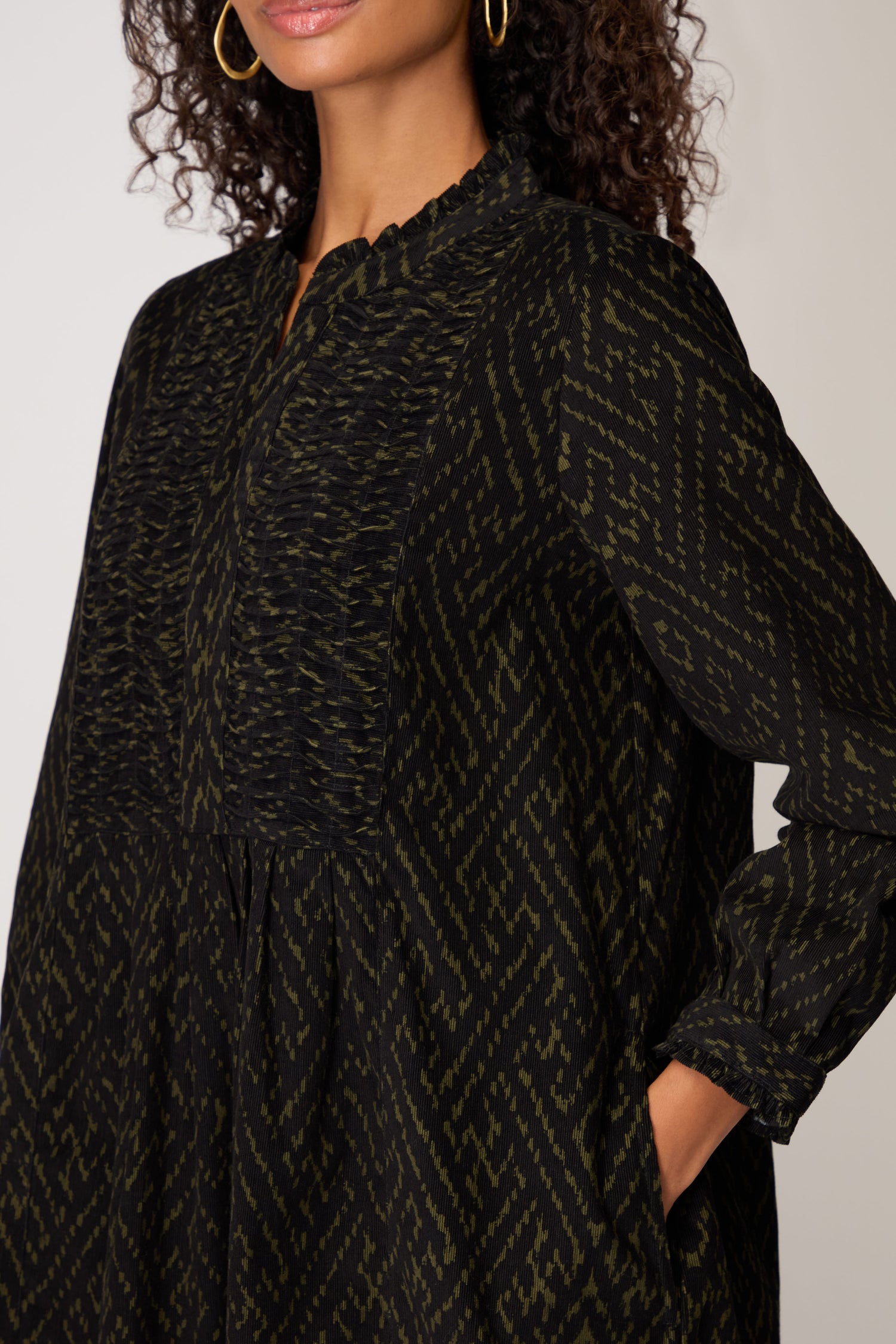 Ornate Textured Black and Khaki Cord Dress