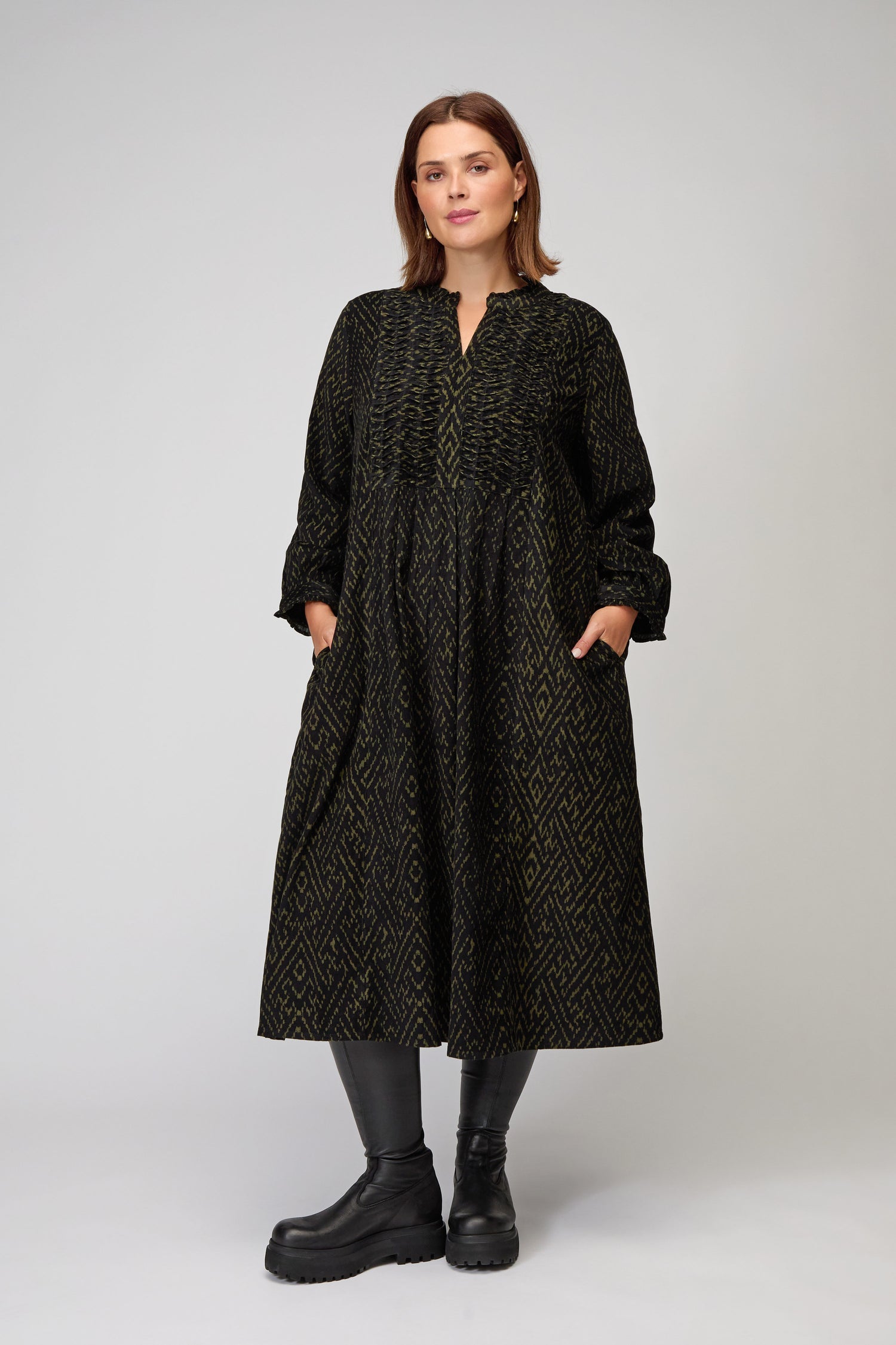 Ornate Textured Black and Khaki Cord Dress