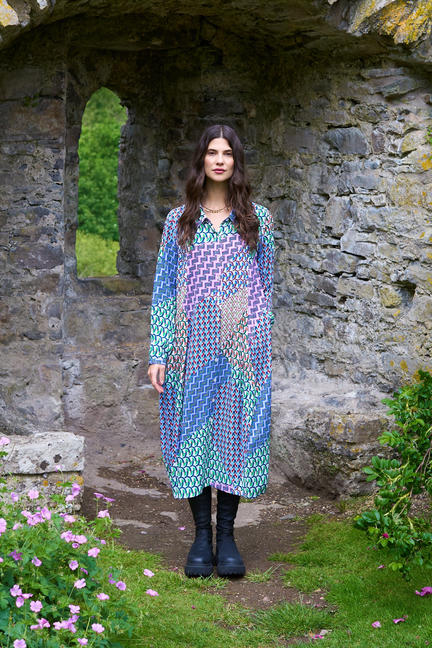 Geo Patchwork Print Shirt Dress