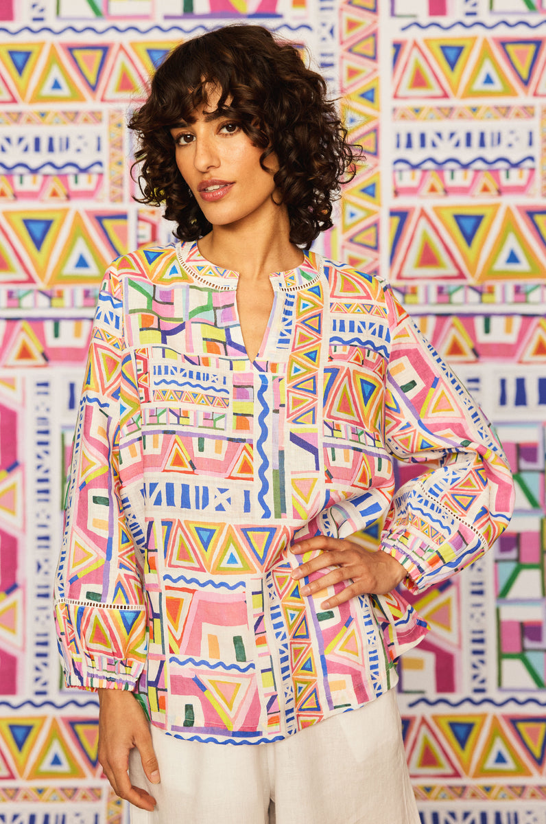 Painted Geo Linen Top – Sahara