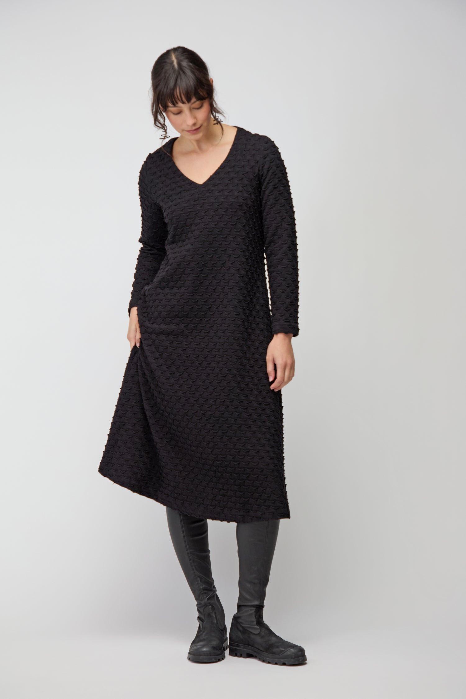 Origami Jersey V Neck Black Dress