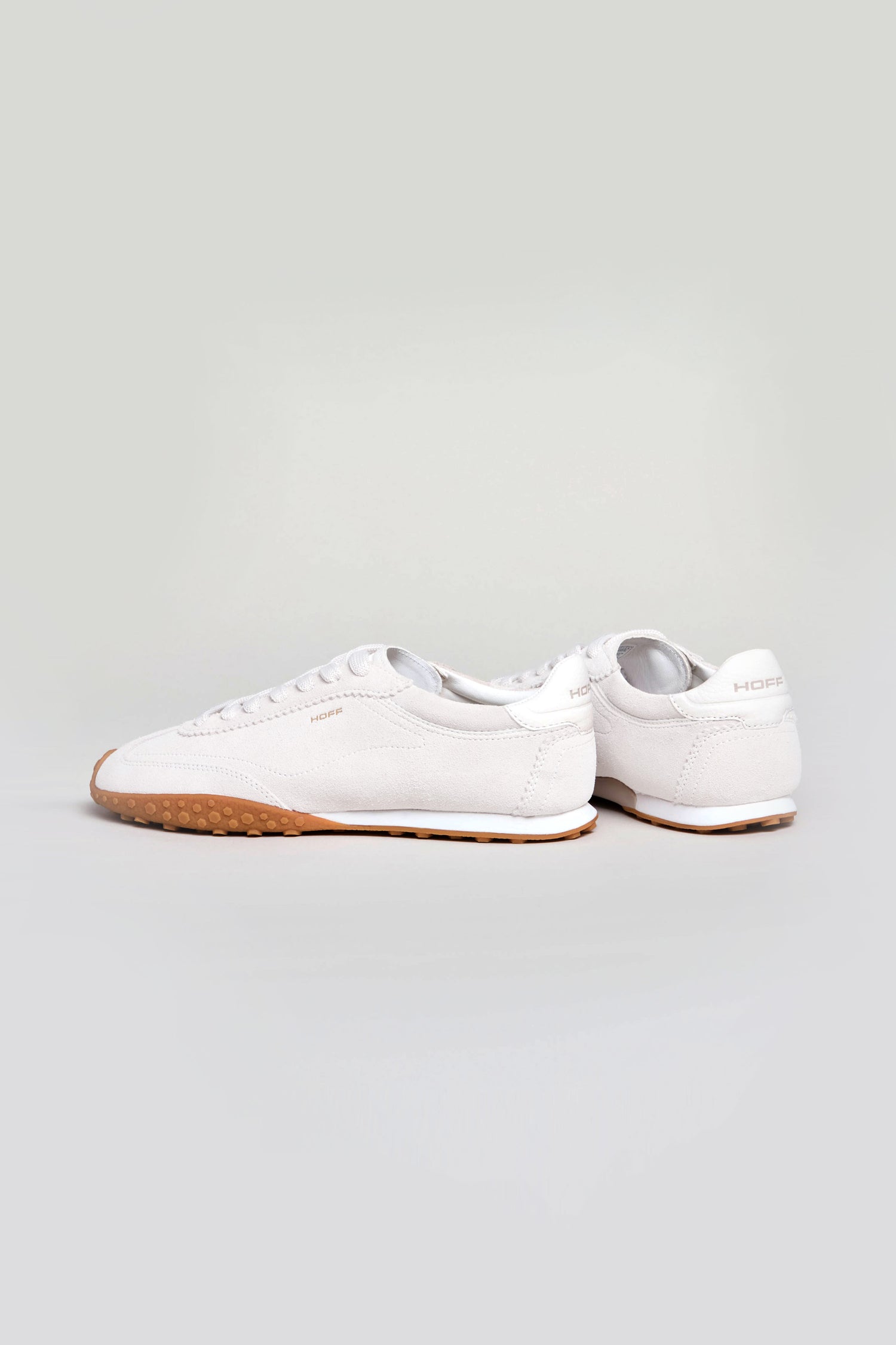 A pair of Bridge Light Grey Suede Trainers with gum rubber soles, displayed on a plain light background.