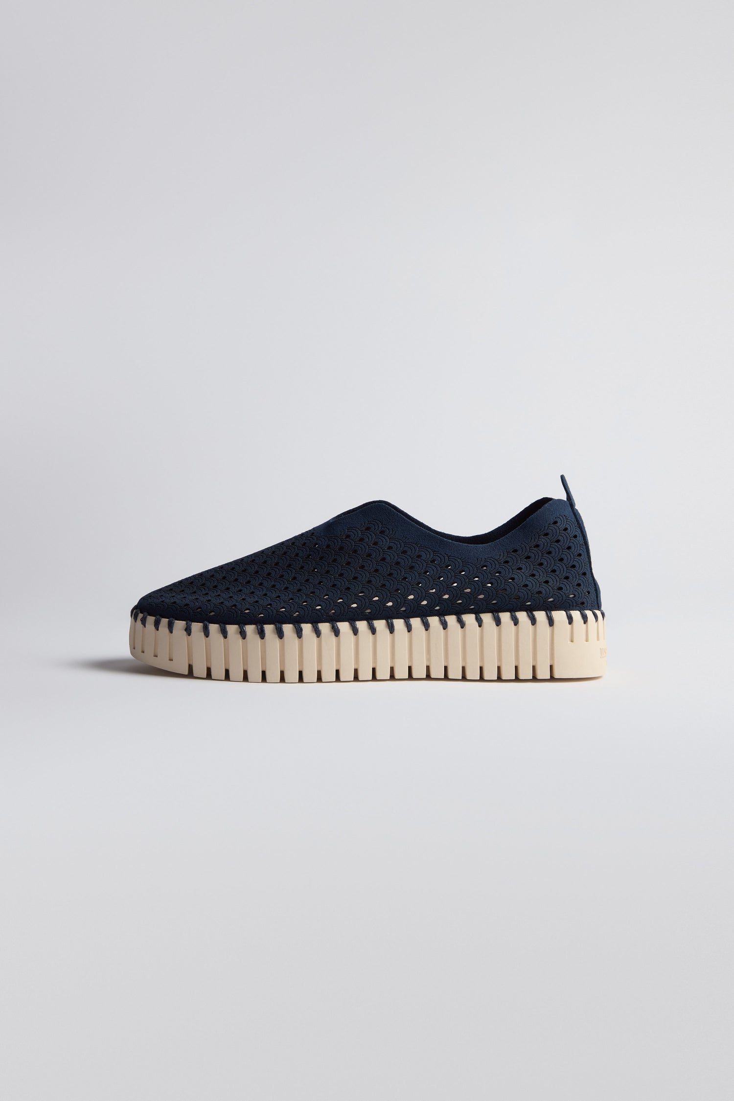 Indigo Tulip Platform Slip On Shoes by Ilse Jacobsen, with a perforated recycled microfiber upper and thick light beige sole, shown against a plain light background.