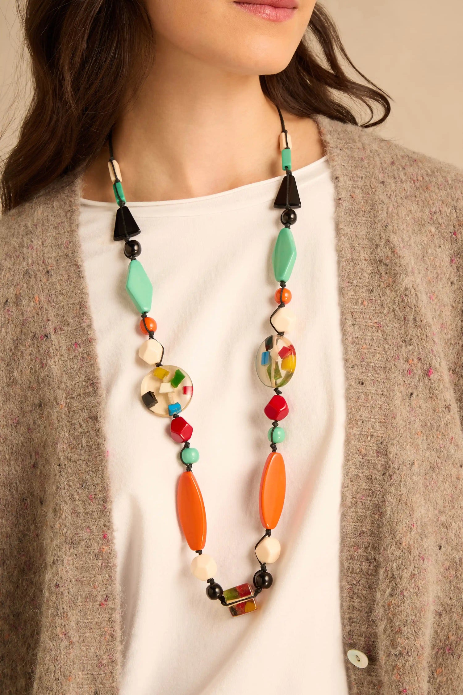 Colour Pop Resin Geometric Necklace featuring an assortment of colourful geometric beads in various shapes and sizes.