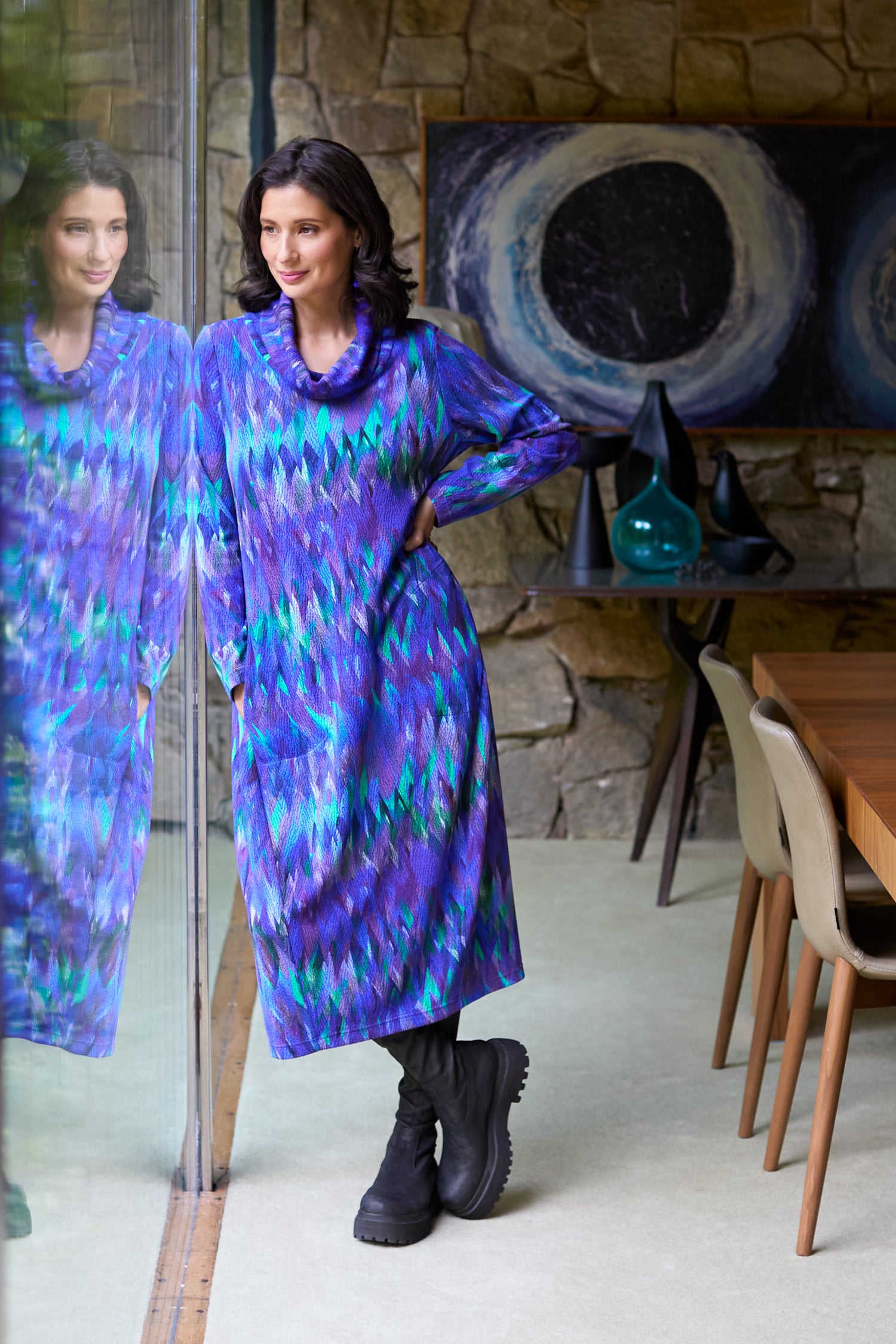 Abstract Feather Jersey Bubble Dress