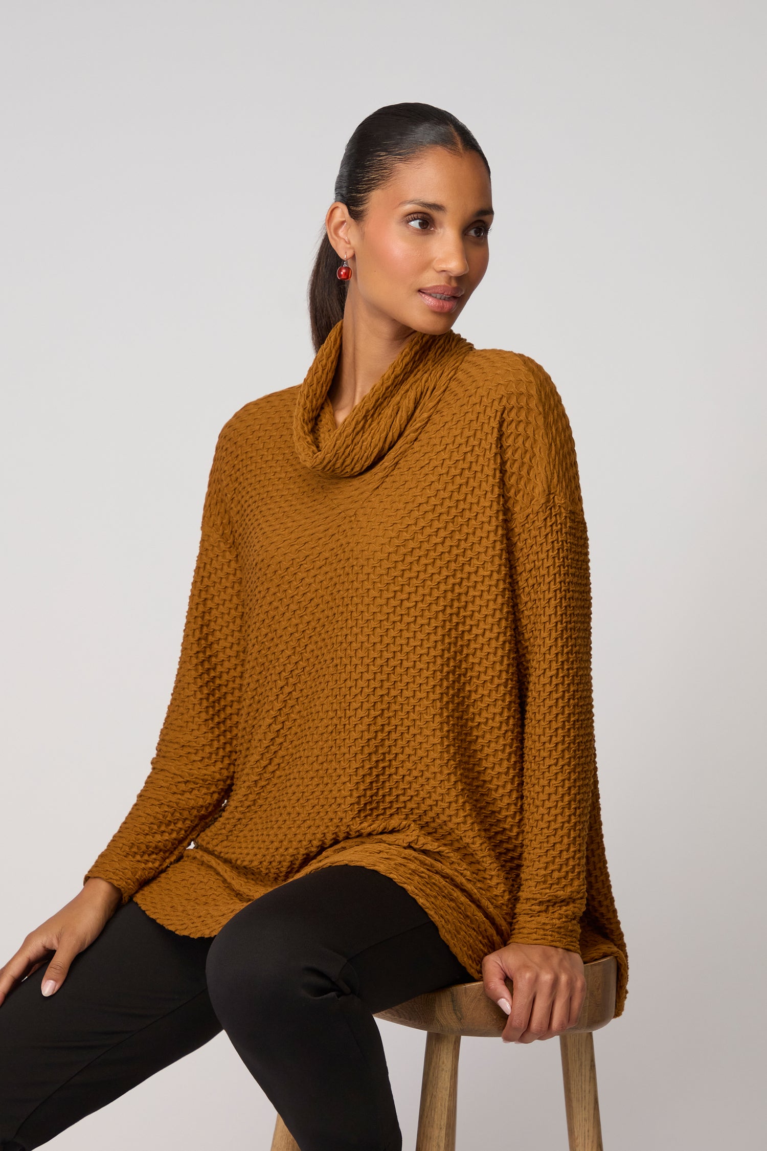 Waffle Textured Jersey Cowl Neck Top
