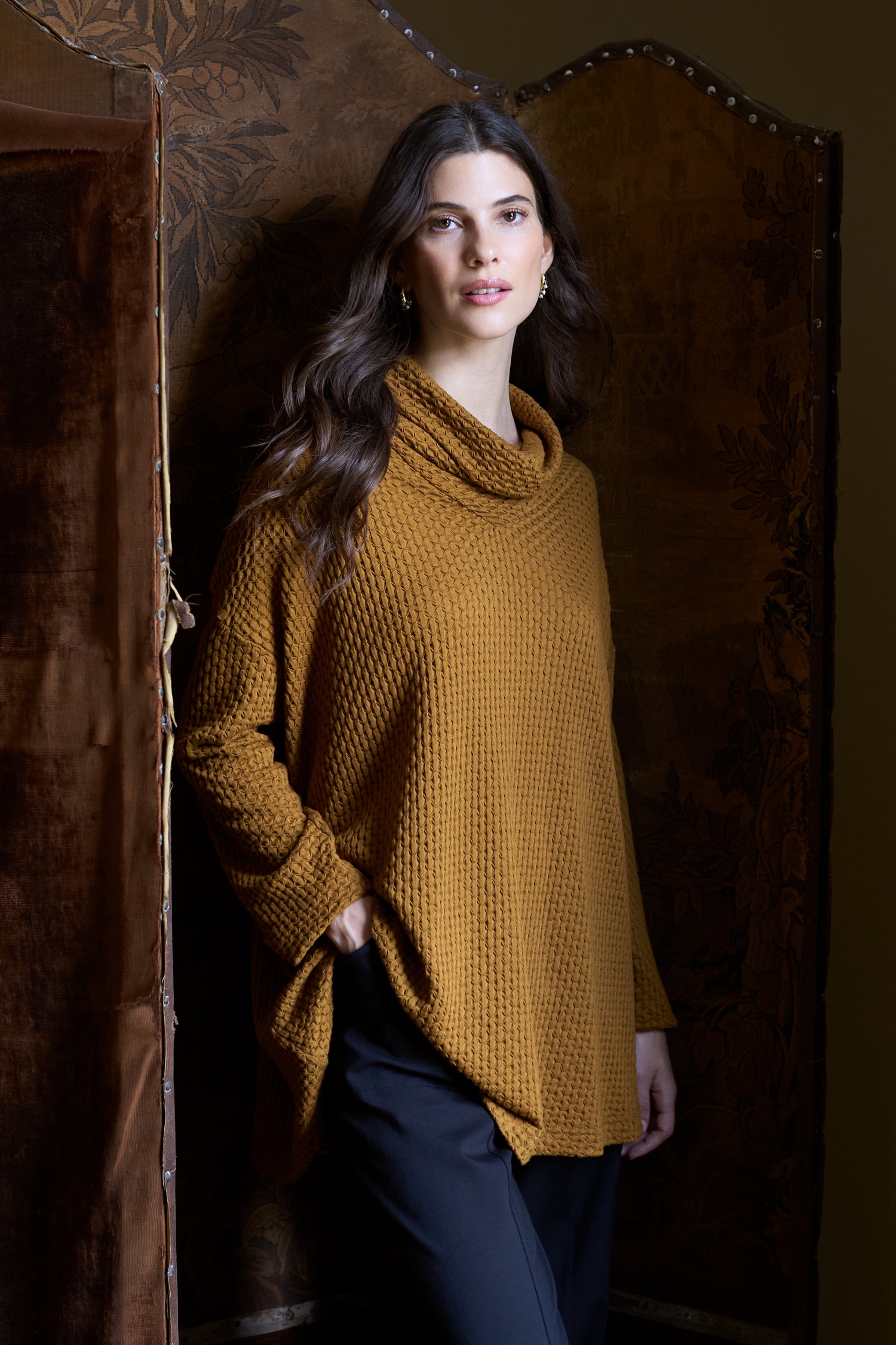 Waffle Textured Jersey Cowl Neck Top